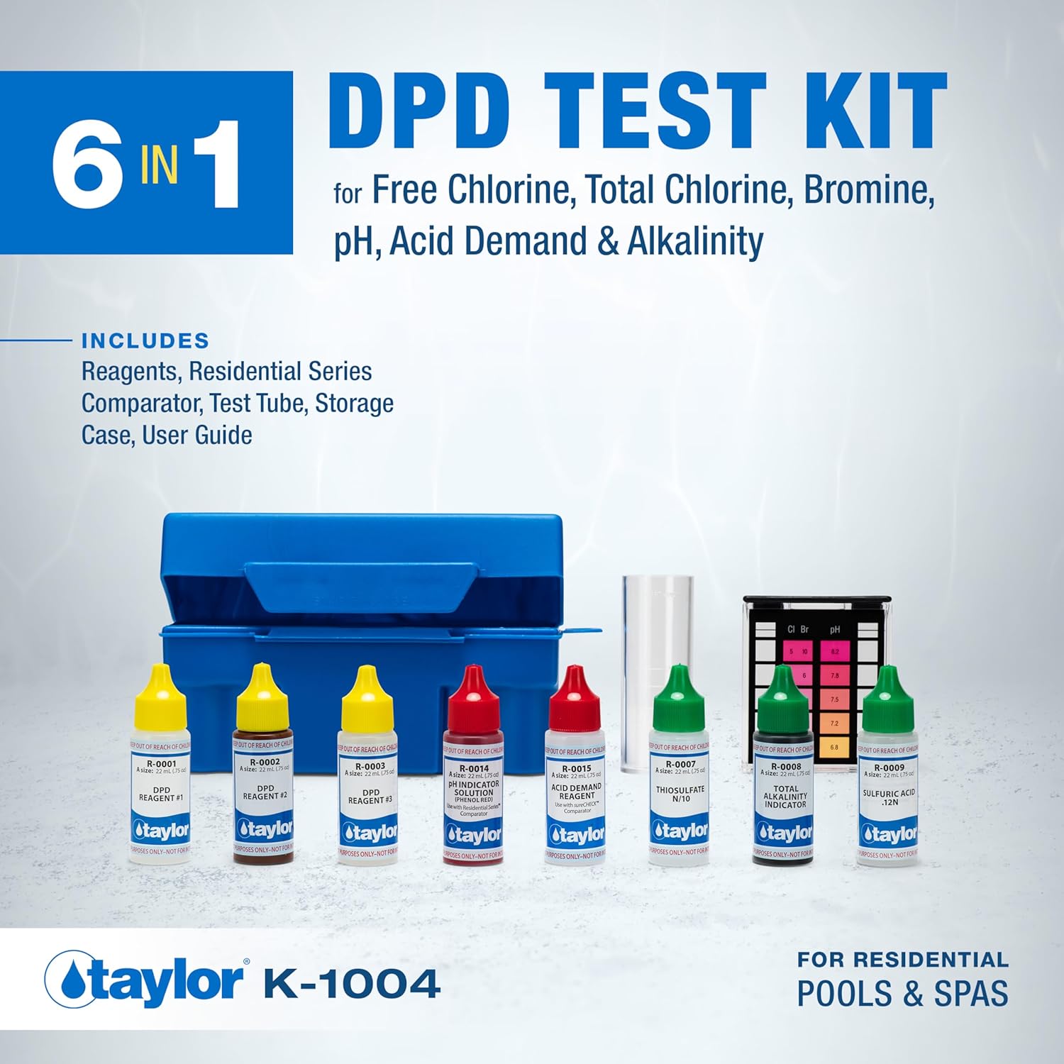 Taylor K-1004 DPD, 6-in-1 Pool Test Kit for for Free & Total Chlorine, Bromine, pH, Acid Demand, Total Alkalinity, 100+ Tests, Quick & Easy for Pools & Spas | Made in The USA