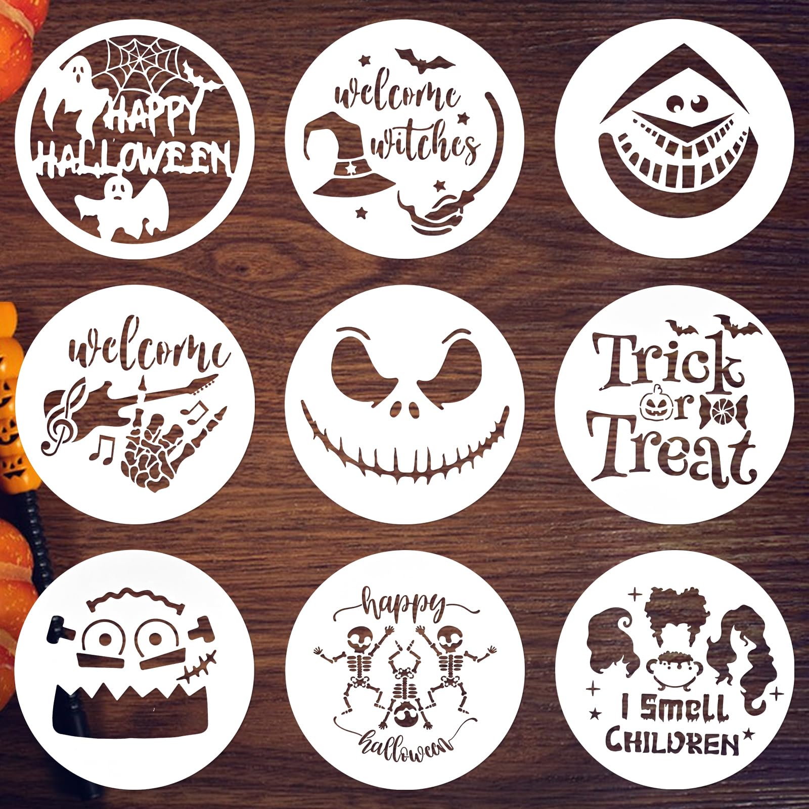 HUAKENER 9 Pcs Halloween Stencils for Painting, 12 Inch Large Round Halloween Templates, Reusable Halloween Stencils for Painting on Wood Walls Windows Doors Mats Fabric