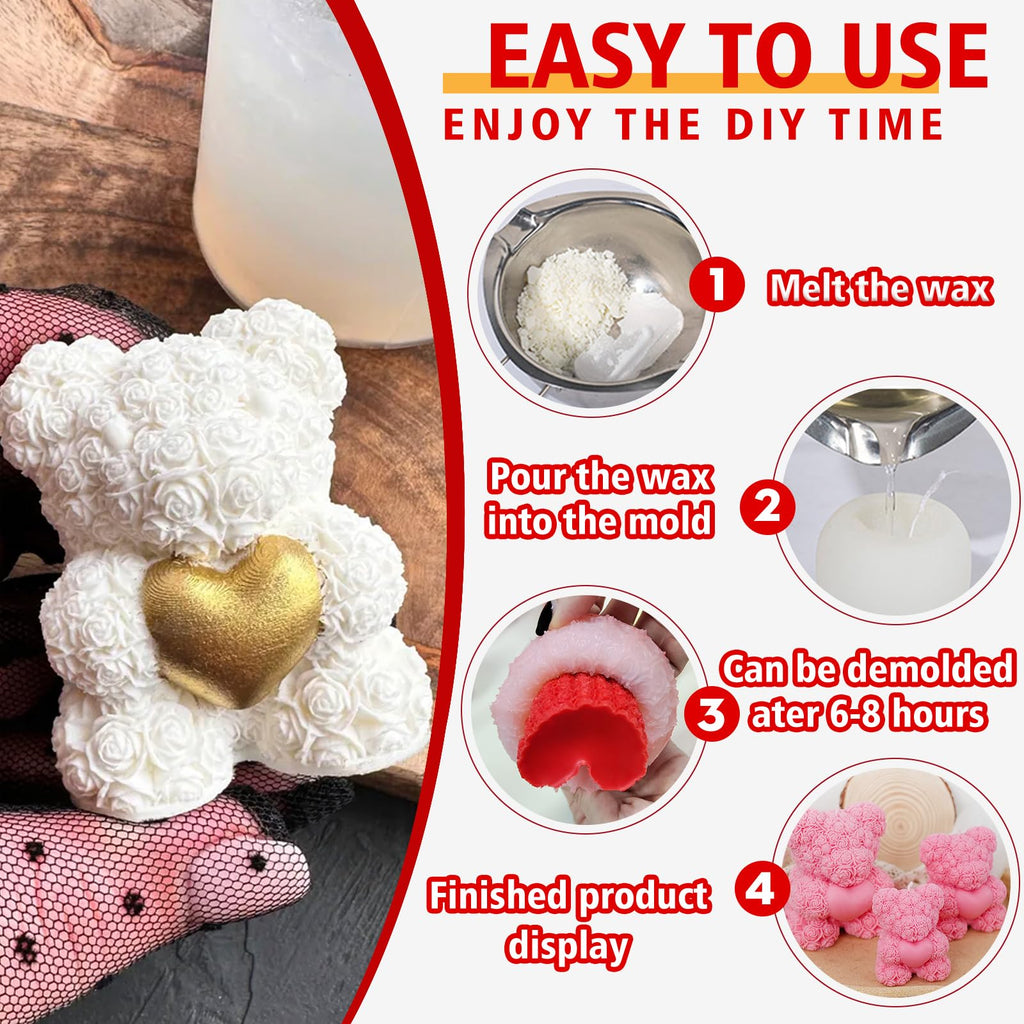 2PCS 3D Rose Bear Wax Candle Mold,Teddy Bear Candle Making Molds,Cute Epoxy Resin Molds,Ornament for DIY Wax Candles Art Craft Cake Chocolate Soap Mold Home Decor Valentine Gifts Birthday Gift