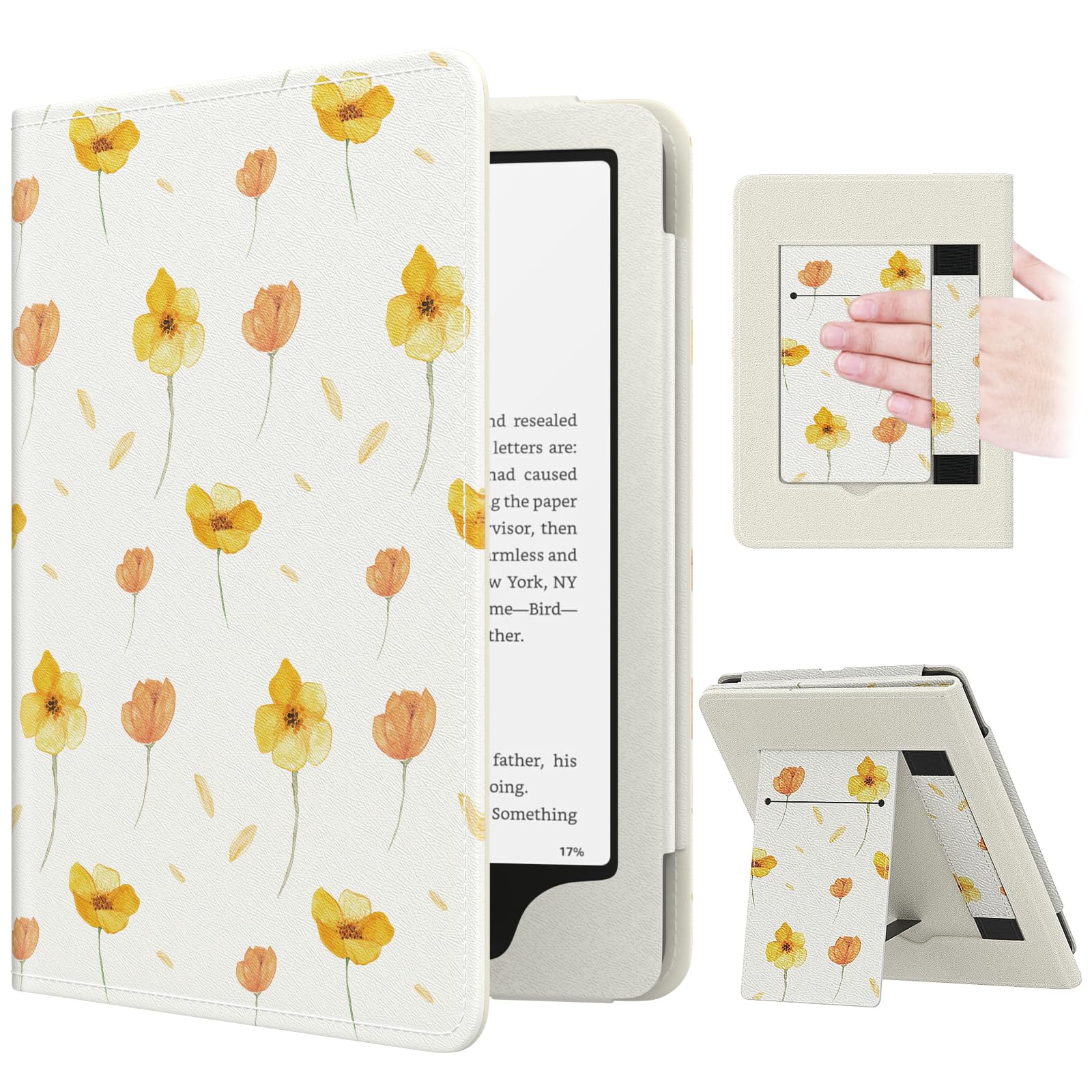 MoKo Case for 7"/6.8" Kindle Paperwhite(12th/11th Generation-2024/2021) and Kindle Colorsoft Signature Edition, Slim PU Shell Cover Case with Auto-Wake/Sleep for Kindle Paperwhite 2024, Flowers
