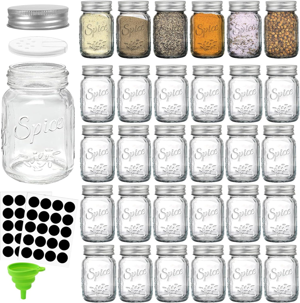 Coloch 30 Pack 4 Oz Glass Mason Spice Jar with Shaker Lids& Labels, Empty Spice Bottle Mini Mason Jars with Airtight Metal Caps and Collapsible Funnel for Herbs & Spices