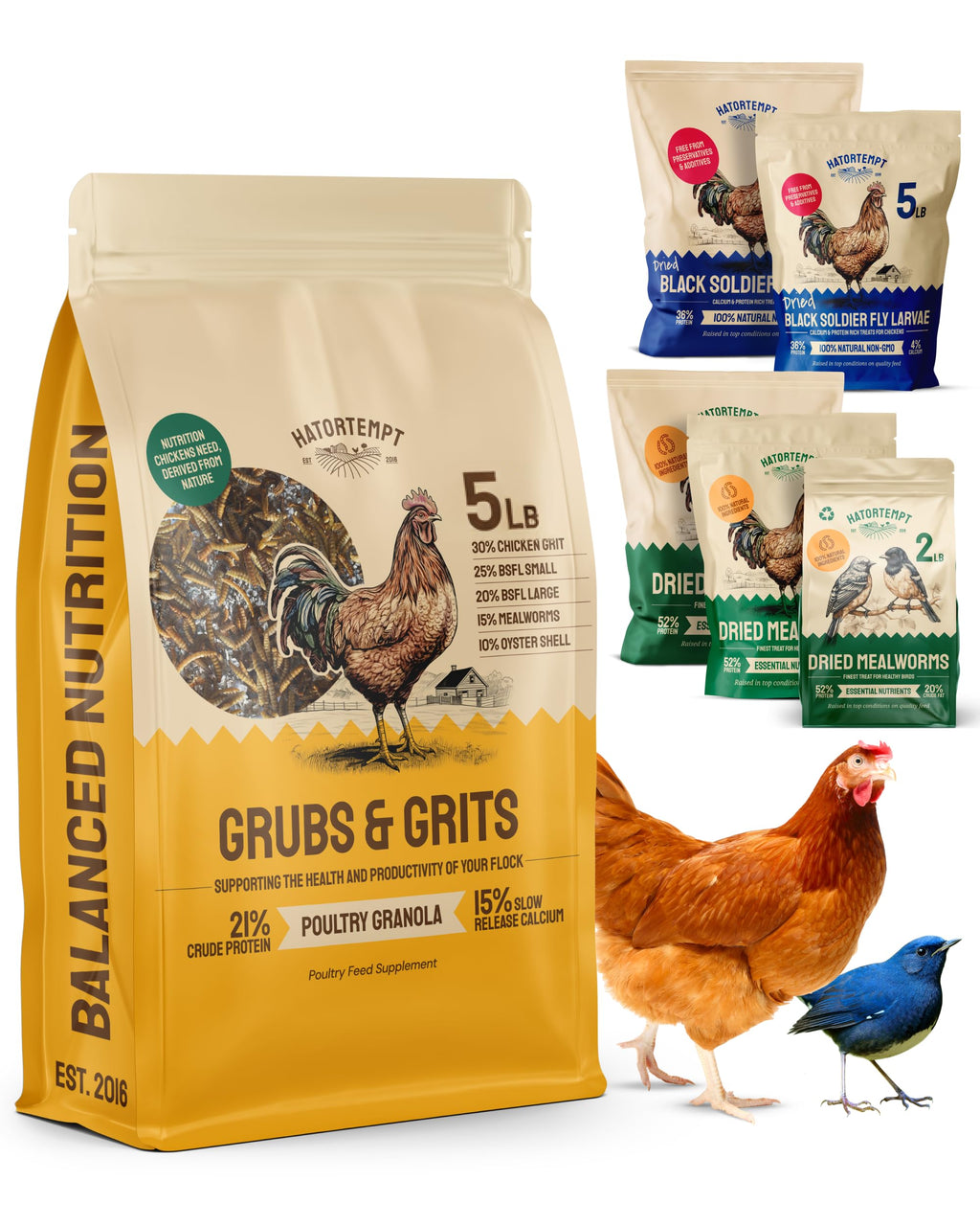 Hatortempt Grubs & Grits Chicken Feed Supplement - 5lb - with Chicken Grit, Mealworms, Black Fly Larvae and Oyster Shells - 21% Protein and 15% Calcium