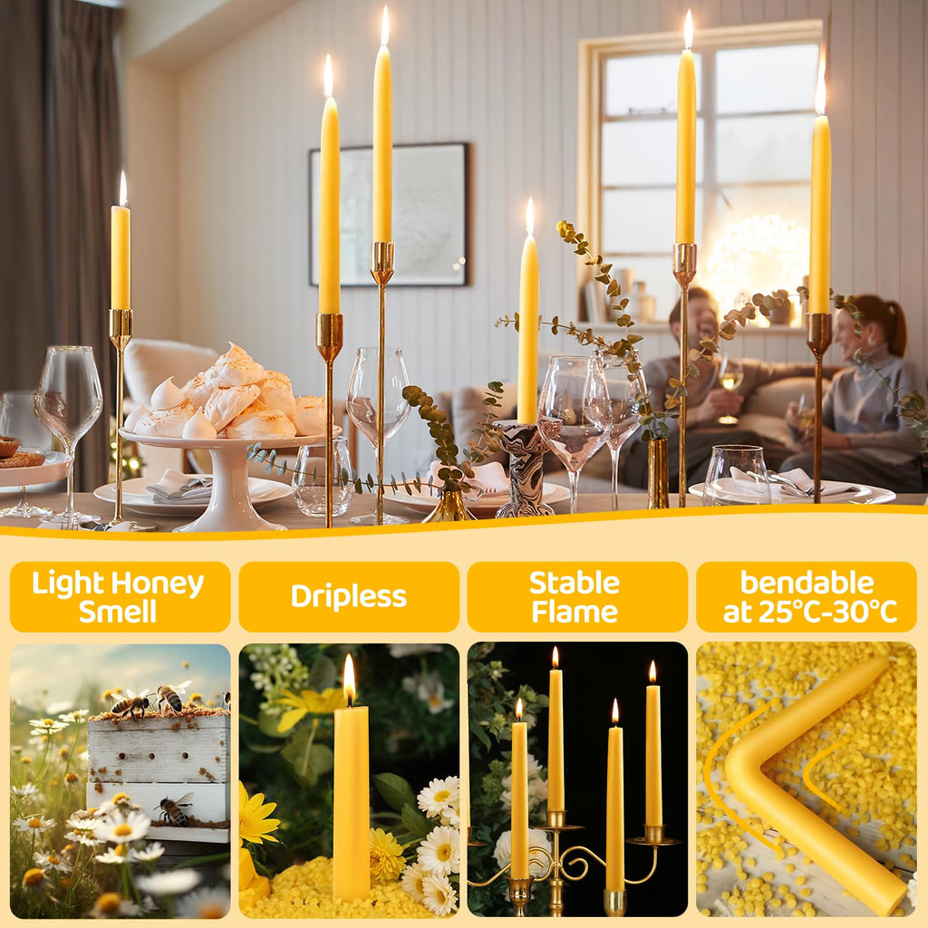 12 Pack Beeswax Taper Candles,8in Dripless Pure Beeswax Candles Non Toxic,8 Hours Long Burning 100% Natural Candle Sticks,Smokeless and Unscented Bees Wax Candle for Home,Prayer,Tall Tapered