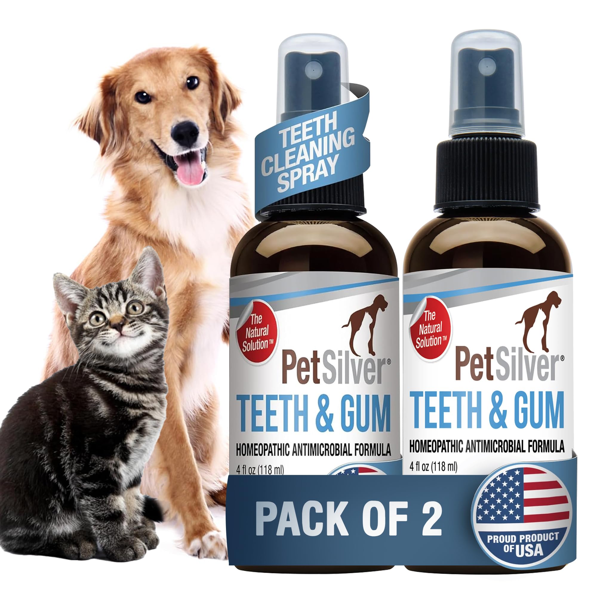 PetSilver Teeth & Gum Spray - Dog Dental & Teeth Cleaning Spray for Plaque & Tartar Build-Up Reduction - Natural Breath Freshener for Dogs and Cats - Patented Chelated Silver - Made in The USA - 4 oz
