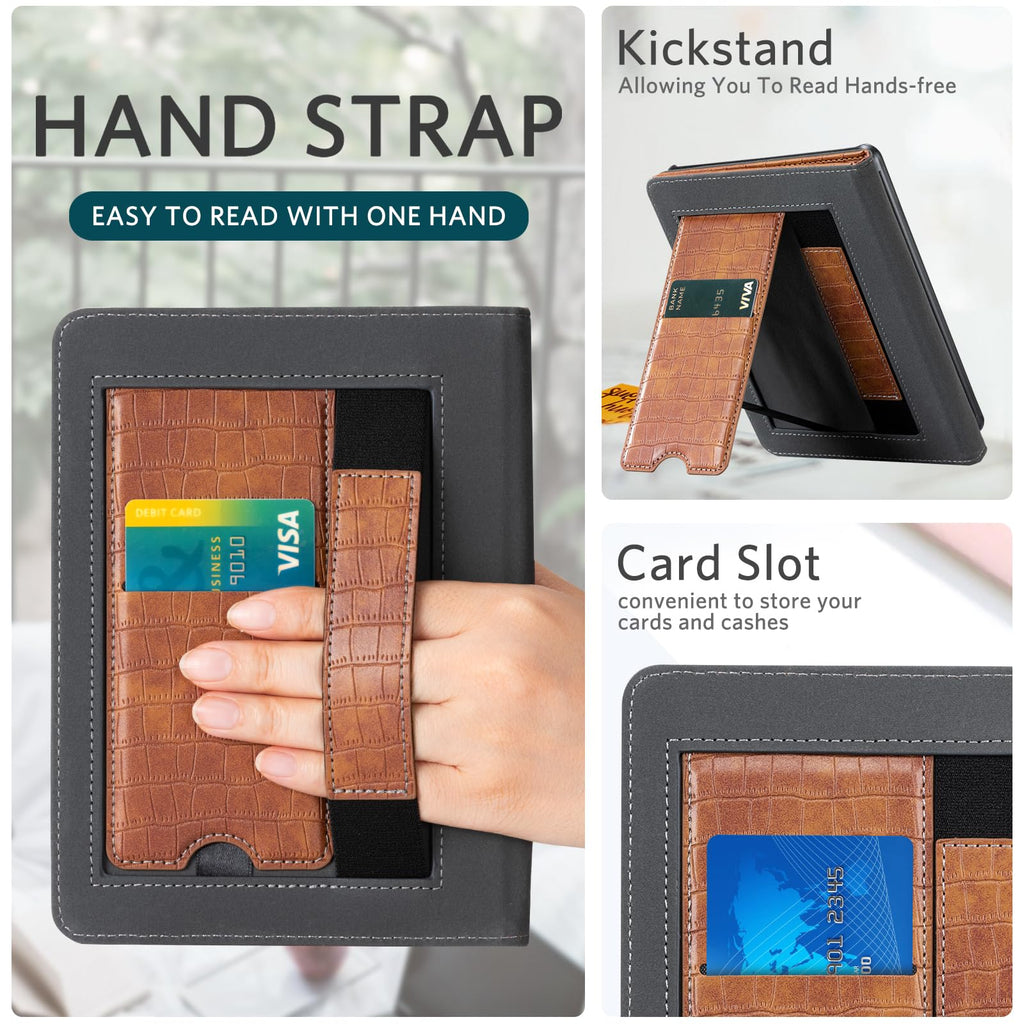 CoBak Case with Stand for Kindle Paperwhite 12th Gen 2024 Released (7") & Kindle Colorsoft Signature Edition - Durable PU Leather Cover with Auto Sleep Wake, Card Slot, Hand Strap Feature, Sage Green