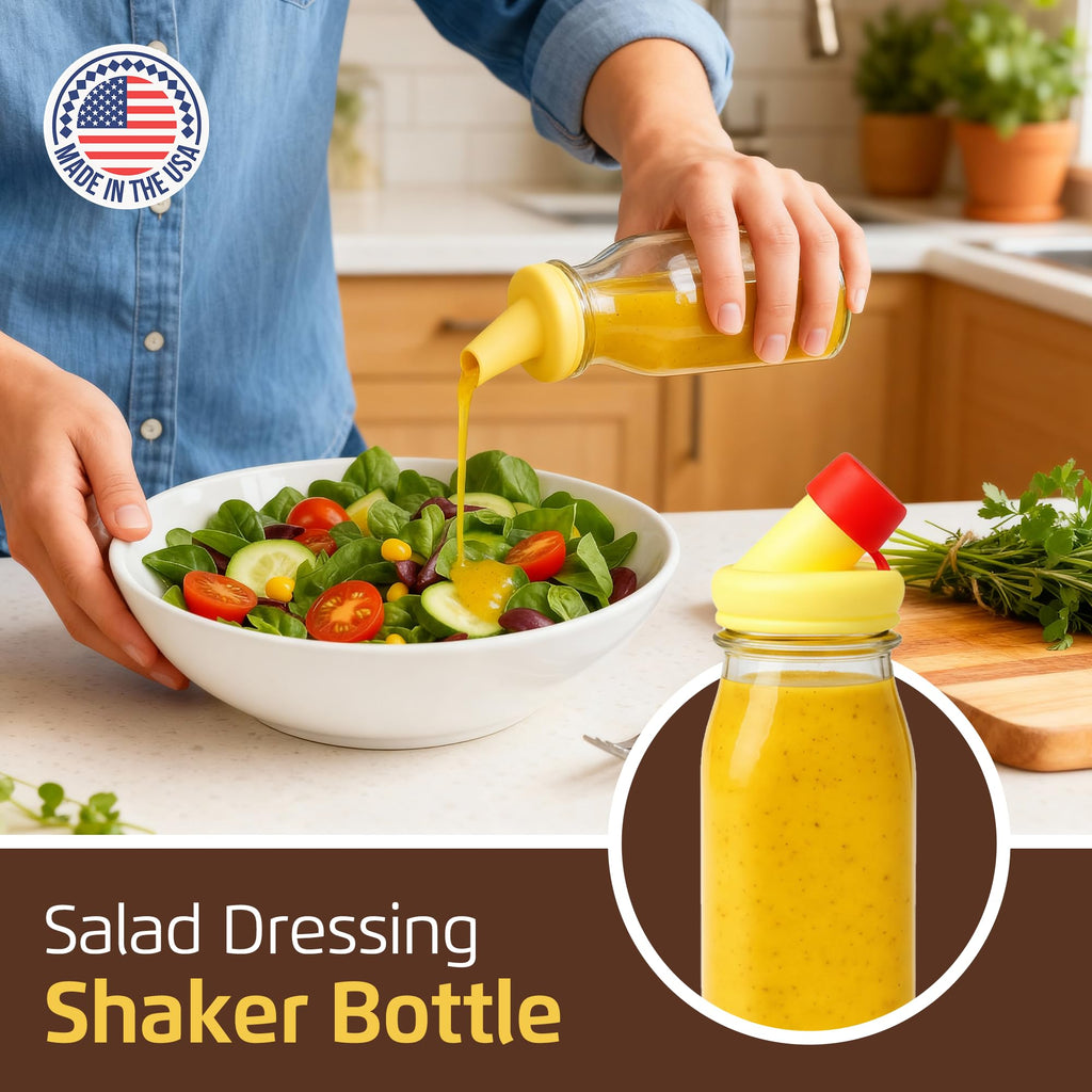 kitchentoolz Salad Dressing Shaker Bottle – 12oz Carafe Glass Bottle with Silicone Pour Spout and Tamper-Proof Lid for Sauces and Marinades - Salad Dressing Dispenser Container