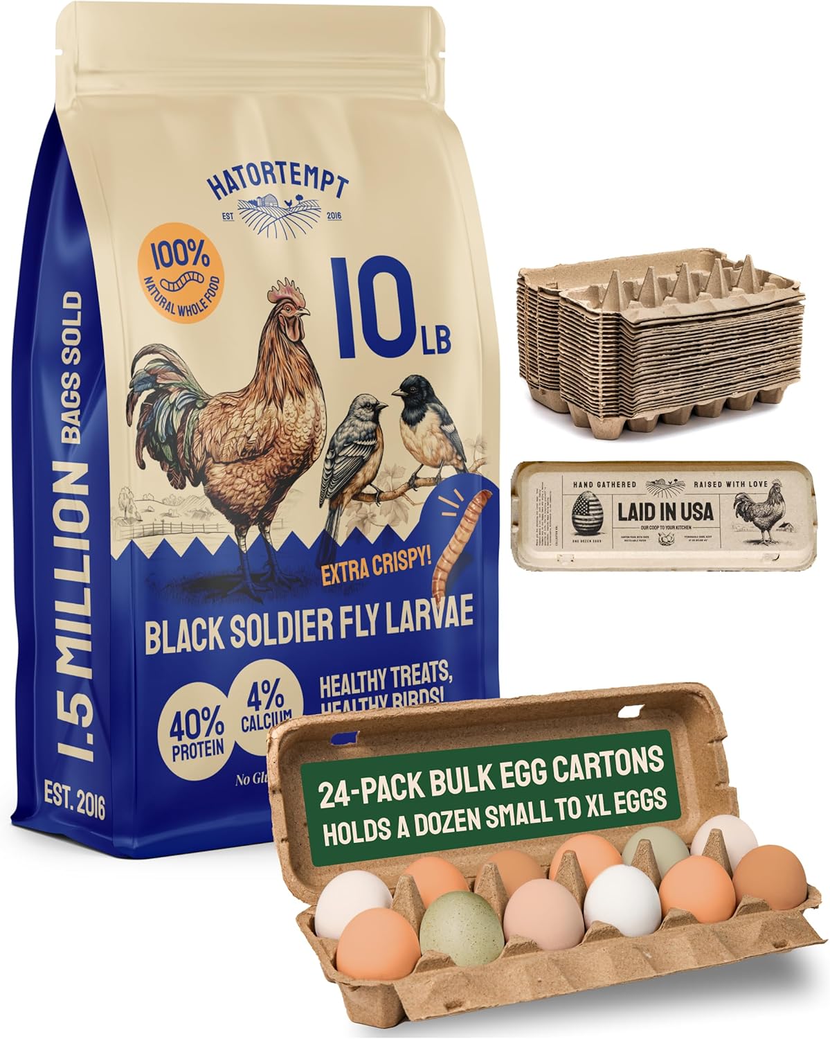 Hatortempt 10lb Dried Black Solider Fly Larvae and 24-Pack Egg Cartons Bundle - High-Calcium Treats for Quality Eggs and Reusable Bulk Cartons