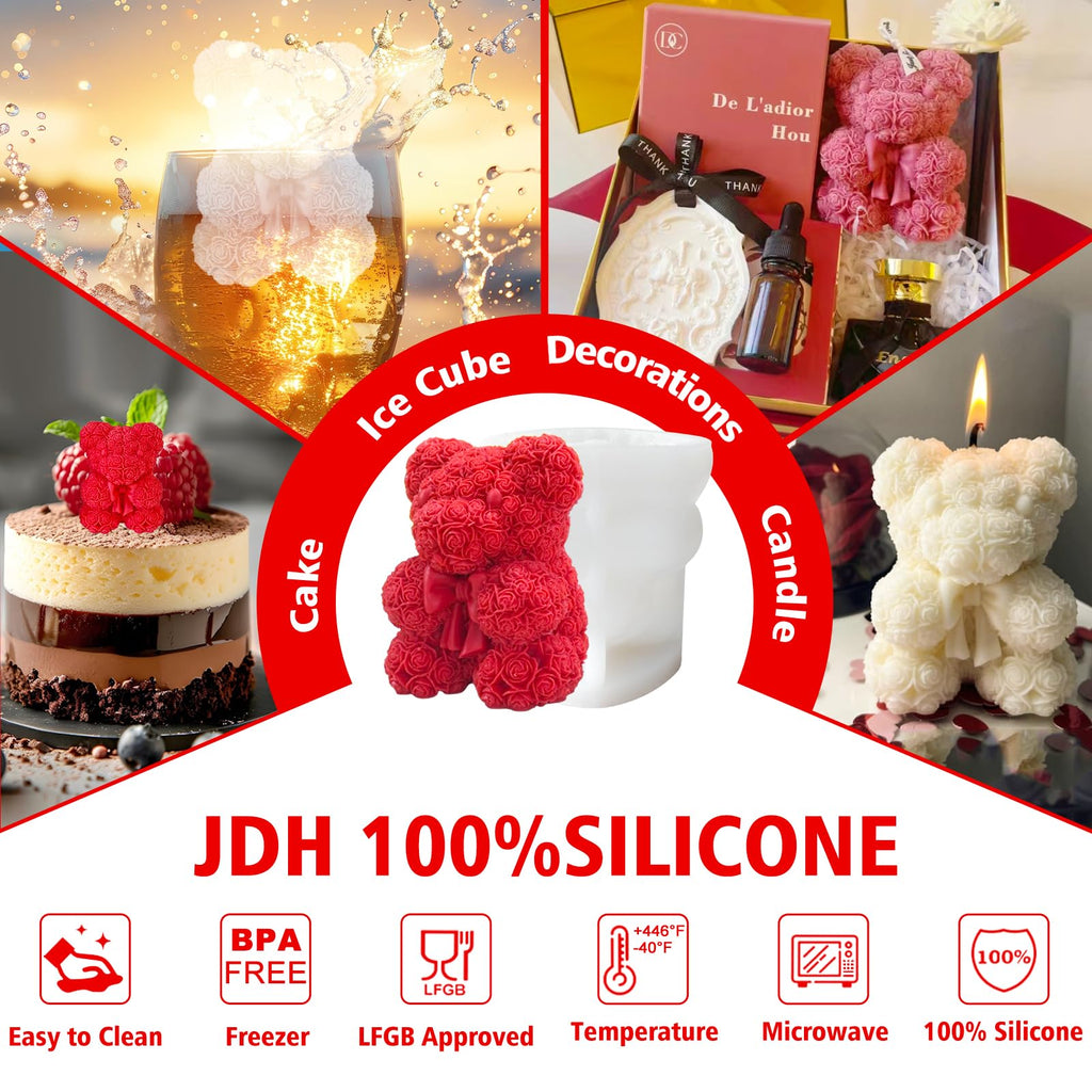 2PCS 3D Rose Bear Wax Candle Mold,Teddy Bear Candle Making Molds,Cute Epoxy Resin Molds,Ornament for DIY Wax Candles Art Craft Cake Chocolate Soap Mold Home Decor Valentine Gifts Birthday Gift