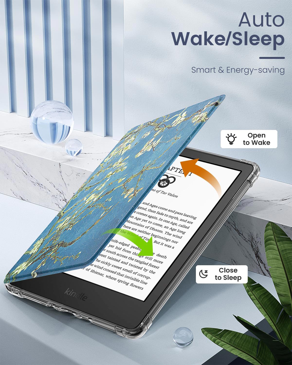 MoKo Case for 6" Kindle (11th Generation-2024/2022 Release), Ultra Clear Soft Flexible Transparent TPU Back Cover Light Shell with Auto Wake/Sleep for Kindle 11th Generation 2024, White Blue Floral