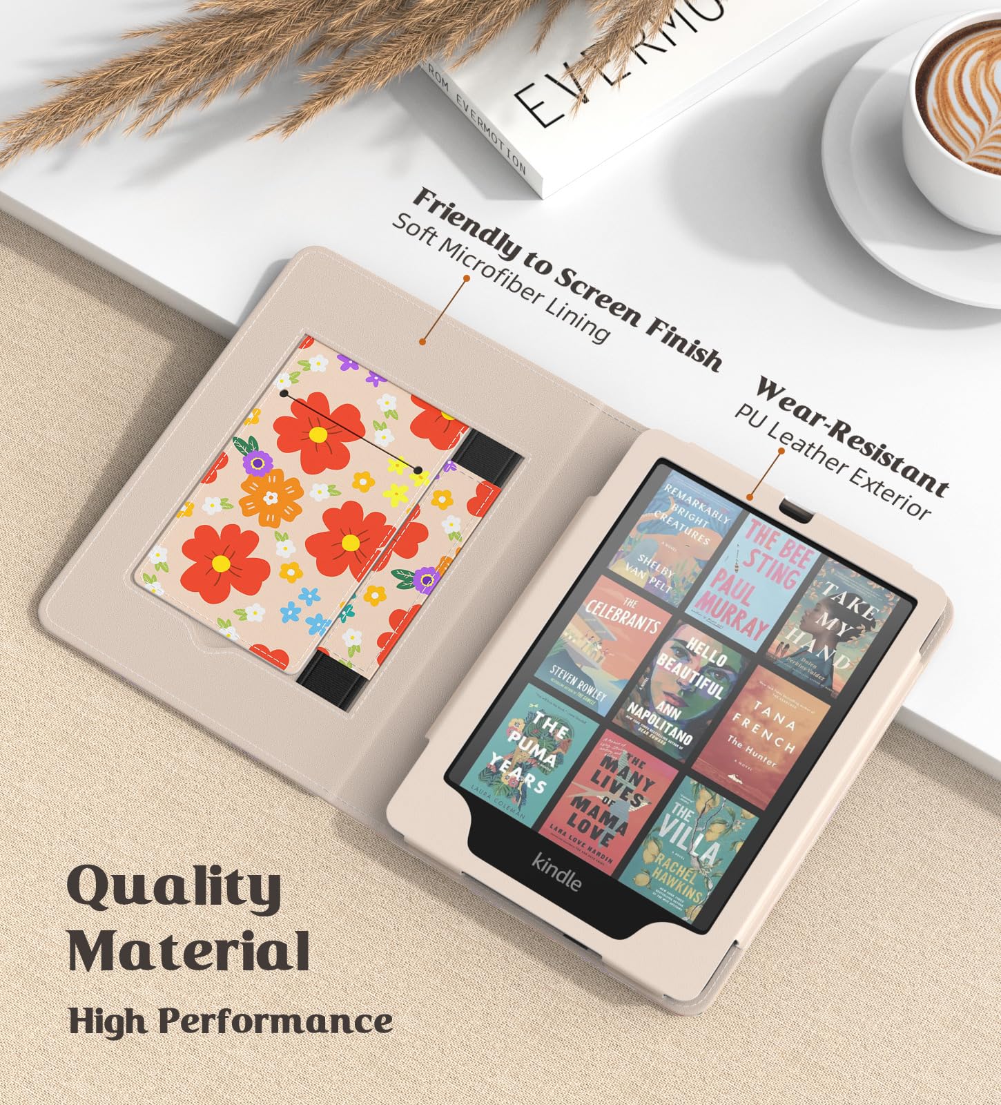 MoKo Case for 7"/6.8" Kindle Paperwhite(12th/11th Generation-2024/2021) and Kindle Colorsoft Signature Edition, Slim PU Shell Cover Case with Auto-Wake/Sleep for Kindle Paperwhite 2024, Flowers