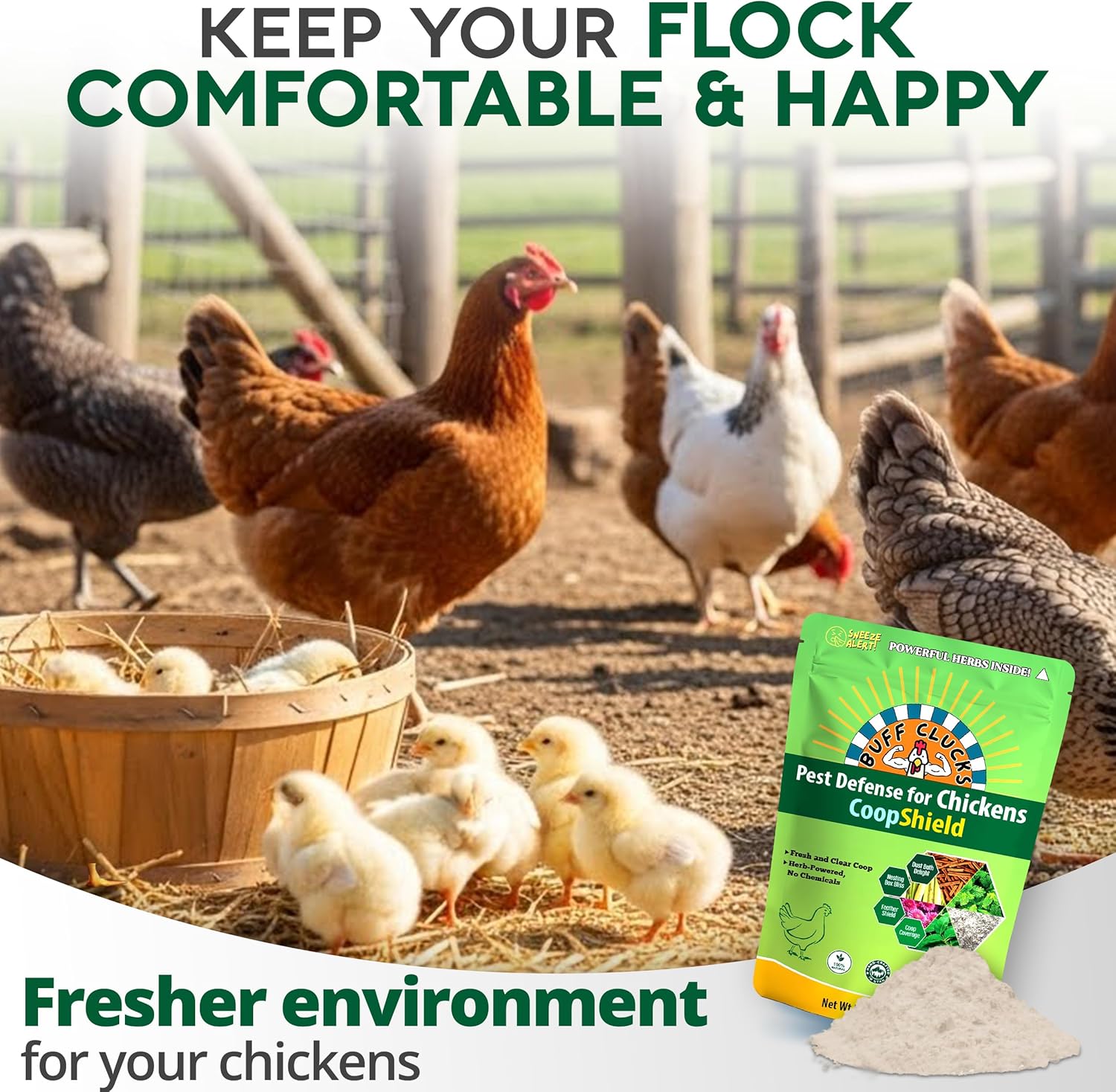 Buff Clucks Dust Bath Herb Blend for Chickens - Keep Feathers Clean & Healthy - Food Grade, Natural Nesting Box Herbs for Bedding, Coop Floor, USA (12 oz)
