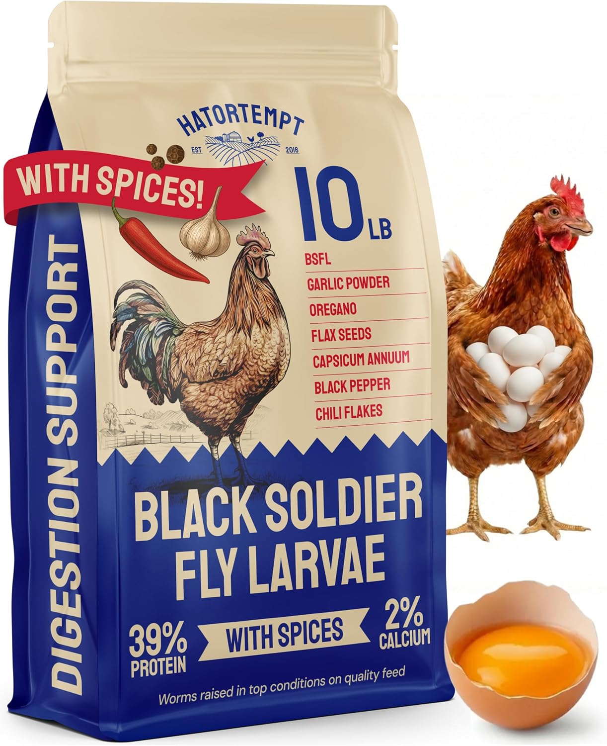 Hatortempt Spiced Black Soldier Fly Larvae for Chickens 10lb - High-Calcium Worm Treats for Laying Hens - Coated with a Chili Mix for Chickens