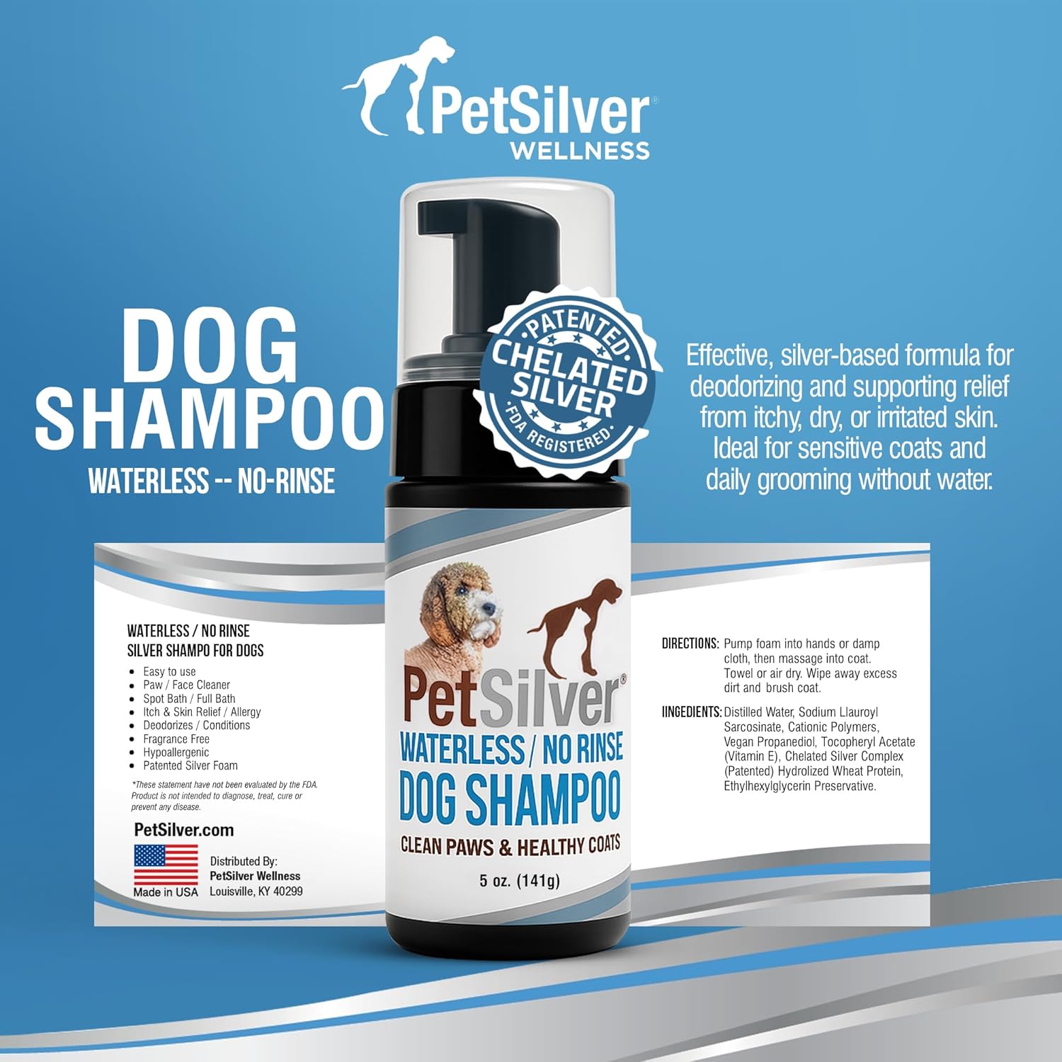 PetSilver Waterless Dog Shampoo - No Rinse Bath & Dry Shampoo for Dogs - Odor Control for Smelly Coats - Cleans, Conditions & Moisturizes - Hypoallergenic & Fragrance-Free - Patented Silver - 5 fl oz