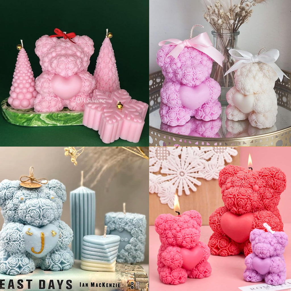 2PCS 3D Rose Bear Wax Candle Mold,Teddy Bear Candle Making Molds,Cute Epoxy Resin Molds,Ornament for DIY Wax Candles Art Craft Cake Chocolate Soap Mold Home Decor Valentine Gifts Birthday Gift