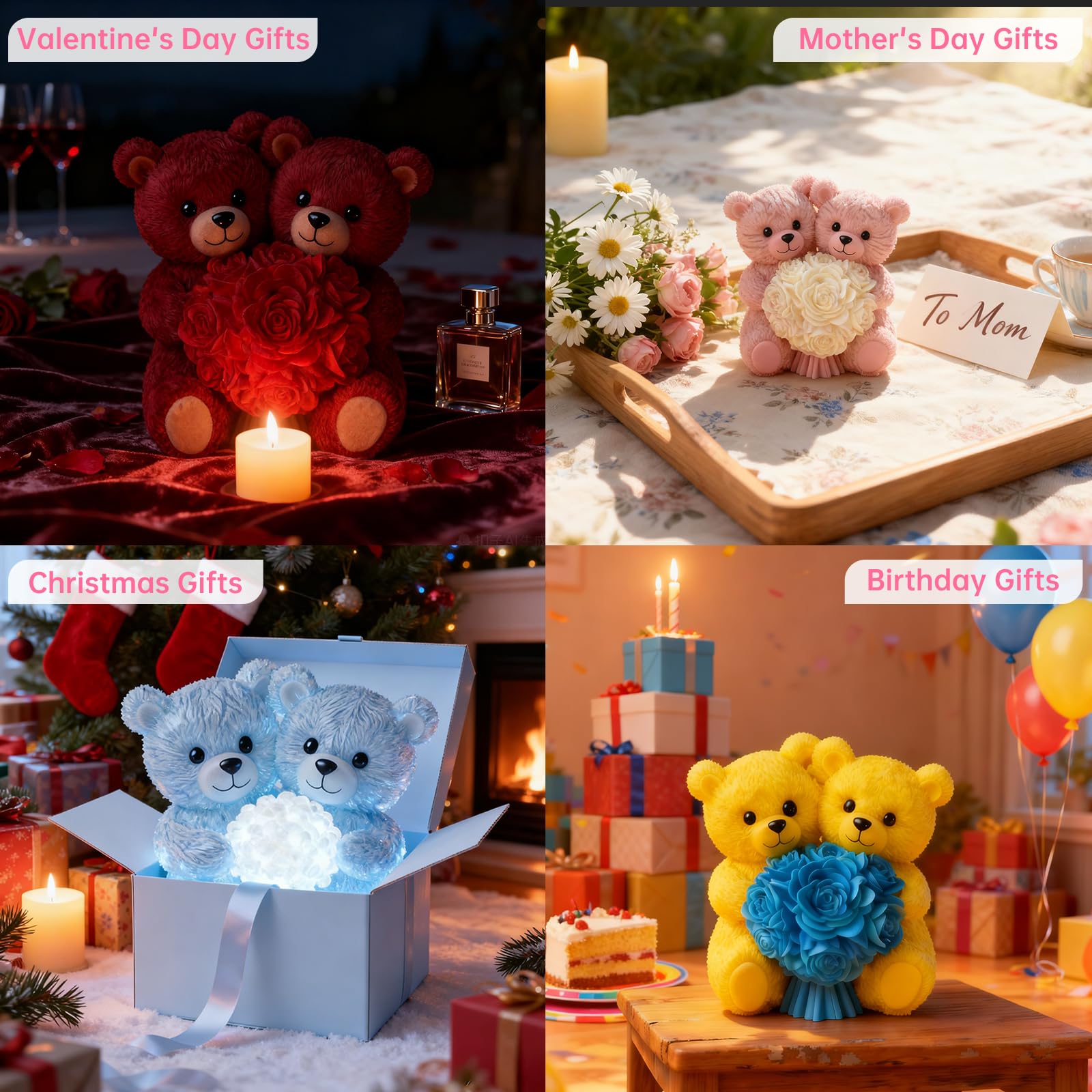 2PCS 3D Rose Bear Wax Candle Mold,Teddy Bear Candle Making Molds,Cute Epoxy Resin Molds,Ornament for DIY Wax Candles Art Craft Cake Chocolate Soap Mold Home Decor Valentine Gifts Birthday Gift