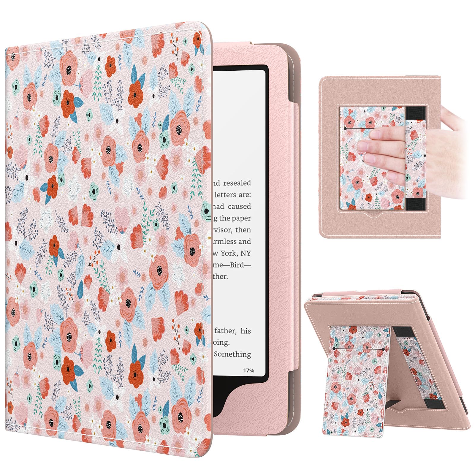 MoKo Case for 7"/6.8" Kindle Paperwhite(12th/11th Generation-2024/2021) and Kindle Colorsoft Signature Edition, Slim PU Shell Cover Case with Auto-Wake/Sleep for Kindle Paperwhite 2024, Flowers