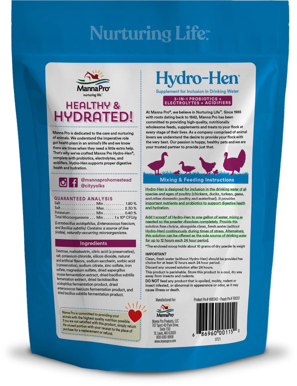 Manna Pro Hydro-Hen Poultry Electrolyte & Probiotic Supplement, Hydration Support for Chickens, Ducks, Turkeys & Waterfowl, 20 oz