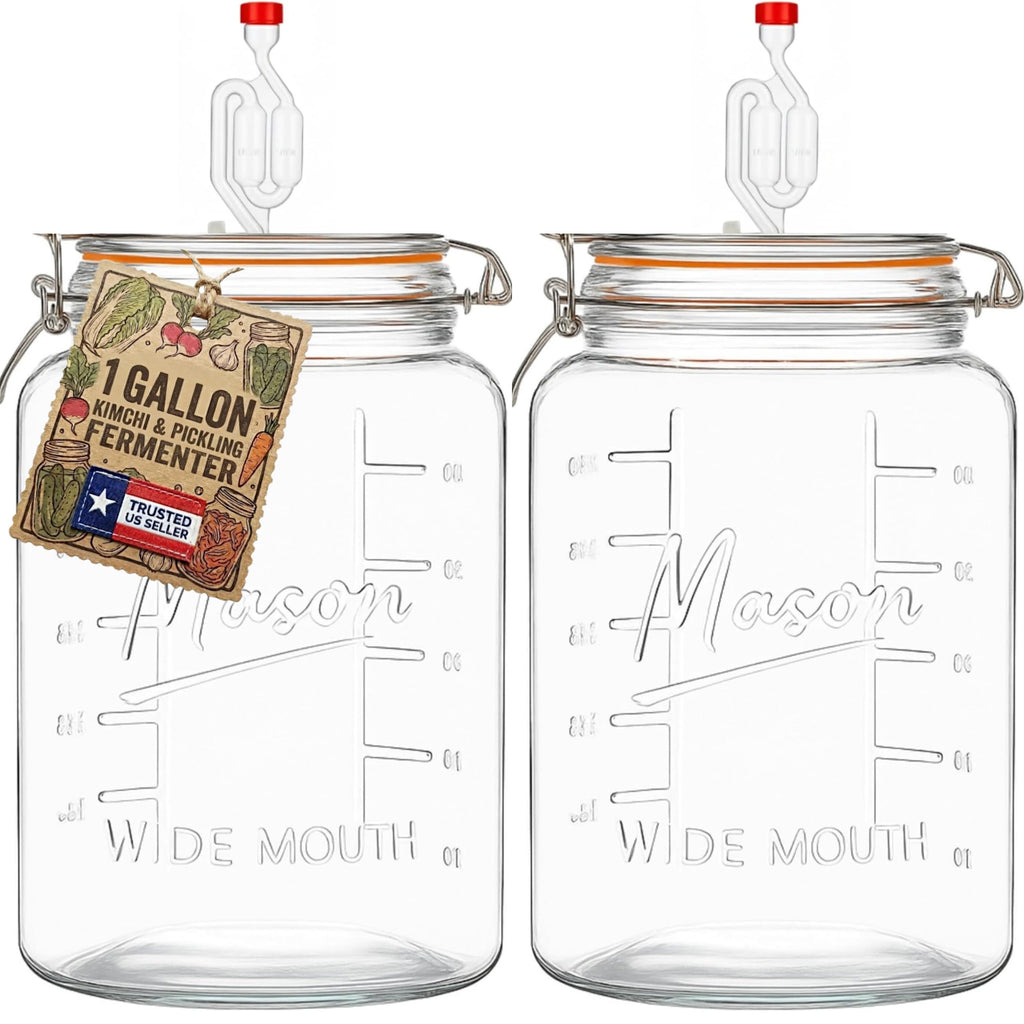 kitchentoolz 1-Gallon Mason Glass Fermenting Jar with Airlock Lid – Wide Mouth with Ounce & Milliliter Markings for Mead, Kombucha, Beer, Wine & Pickling