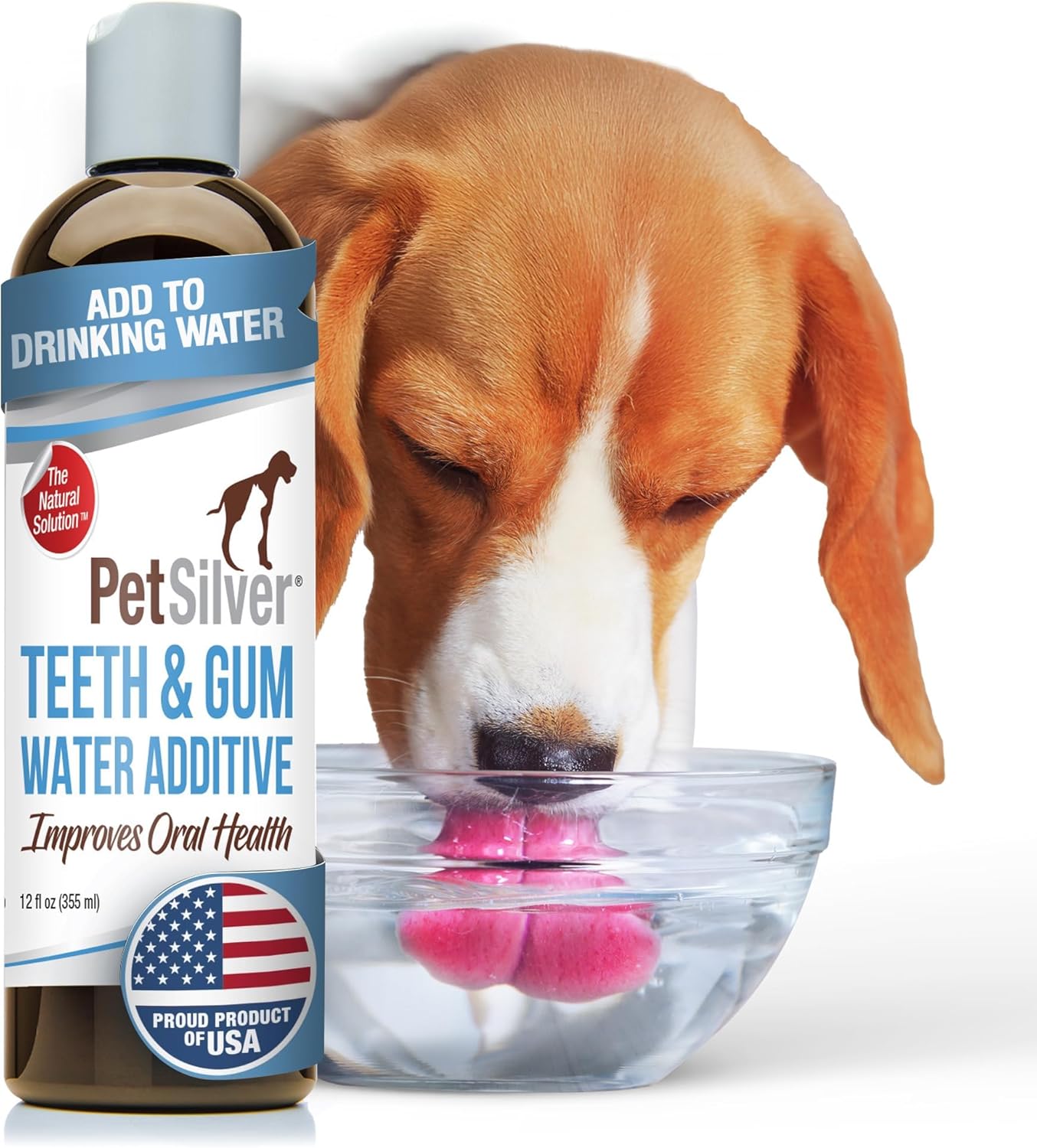 PetSilver Teeth & Gum Water Additive for Dental Care - Pet Breath Freshener - Targets Tartar, Plaque & Promotes Fresh Breath - Dog Oral Care & Cat Teeth Cleaning - No Brushing & Tasteless - 12 fl oz