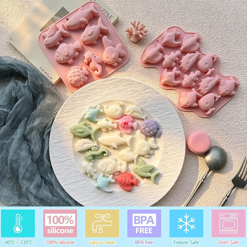 Ocean Sea Animal Silicone Molds, 2 Pack Marine Life Chocolate Mold Fish Candy Molds, Food Grade Non-Stick Baking Mould for Kids, Under The Sea Party Favors, Cake Topper, Resin, Soap Candle Making
