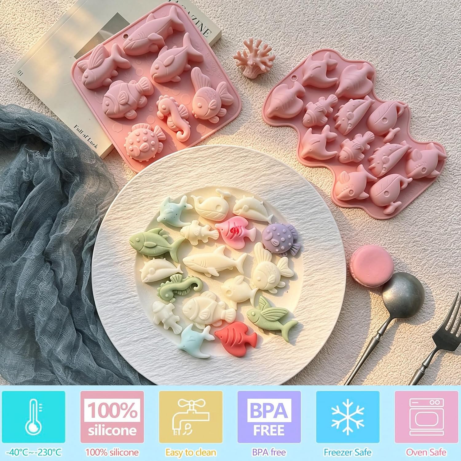 Ocean Sea Animal Silicone Molds, 2 Pack Marine Life Chocolate Mold Fish Candy Molds, Food Grade Non-Stick Baking Mould for Kids, Under The Sea Party Favors, Cake Topper, Resin, Soap Candle Making