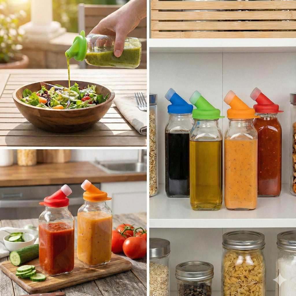kitchentoolz Salad Dressing Container Glass Bottles – 16oz Glass Salad Dressing Shaker Bottle 4-Pack with Non-Metal Silicone Lids for Dressings, Marinades, Sauce