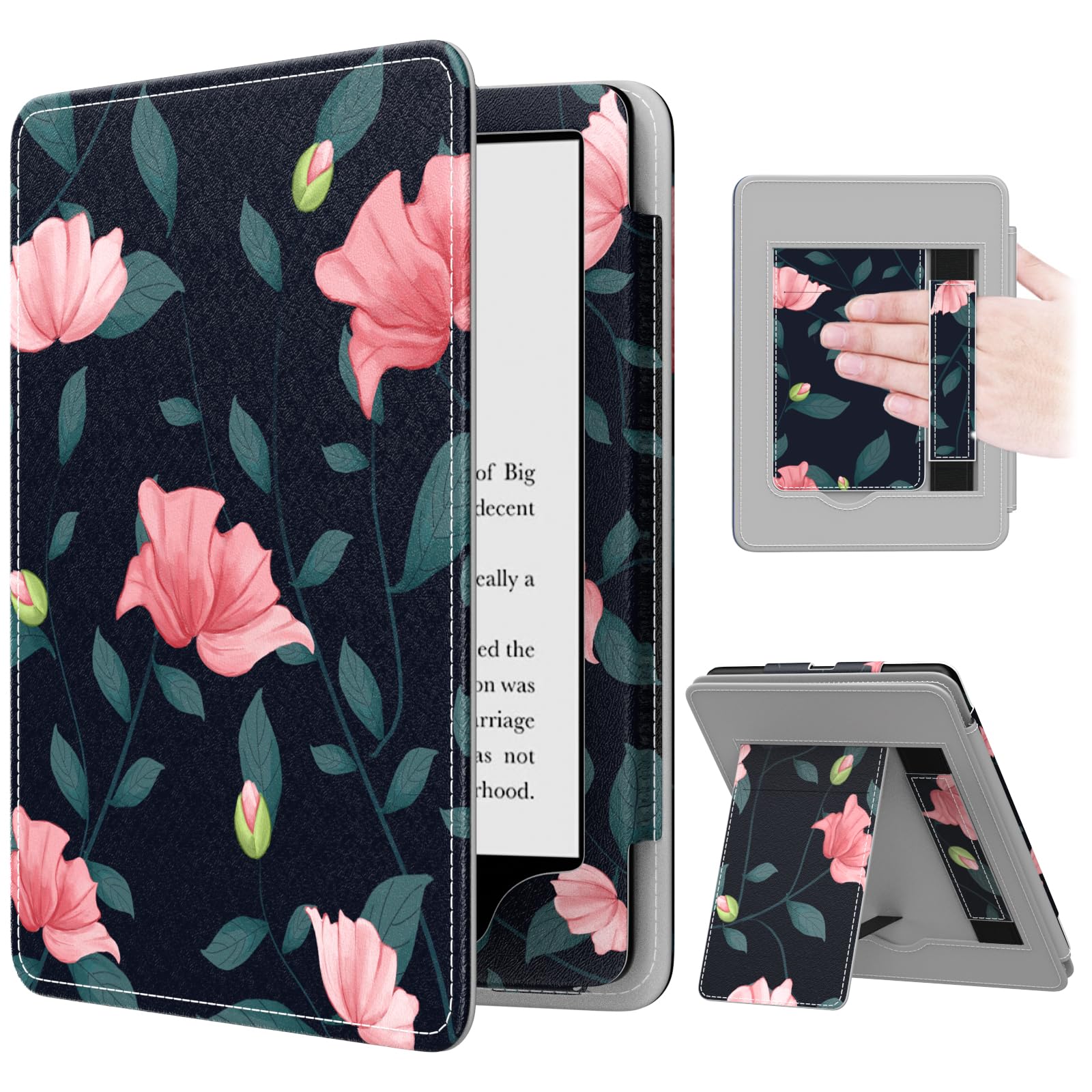 MoKo Case for 7"/6.8" Kindle Paperwhite(12th/11th Generation-2024/2021) and Kindle Colorsoft Signature Edition, Slim PU Shell Cover Case with Auto-Wake/Sleep for Kindle Paperwhite 2024, Flowers