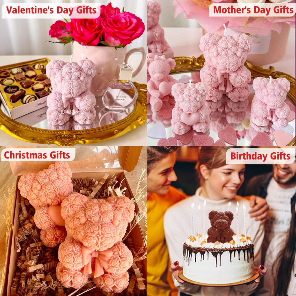 2PCS 3D Rose Bear Wax Candle Mold,Teddy Bear Candle Making Molds,Cute Epoxy Resin Molds,Ornament for DIY Wax Candles Art Craft Cake Chocolate Soap Mold Home Decor Valentine Gifts Birthday Gift