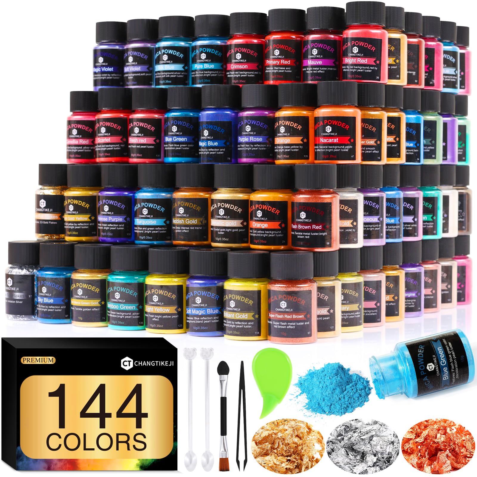 CHANGTIKEJI Mica Powder，24 Colors - 10g/Bottle of Natural Pigment Powder for Epoxy Resin，Soap Making，Candle Making,Lip Gloss,Car Freshies,Dye,Nail Polish,Bath Bombs