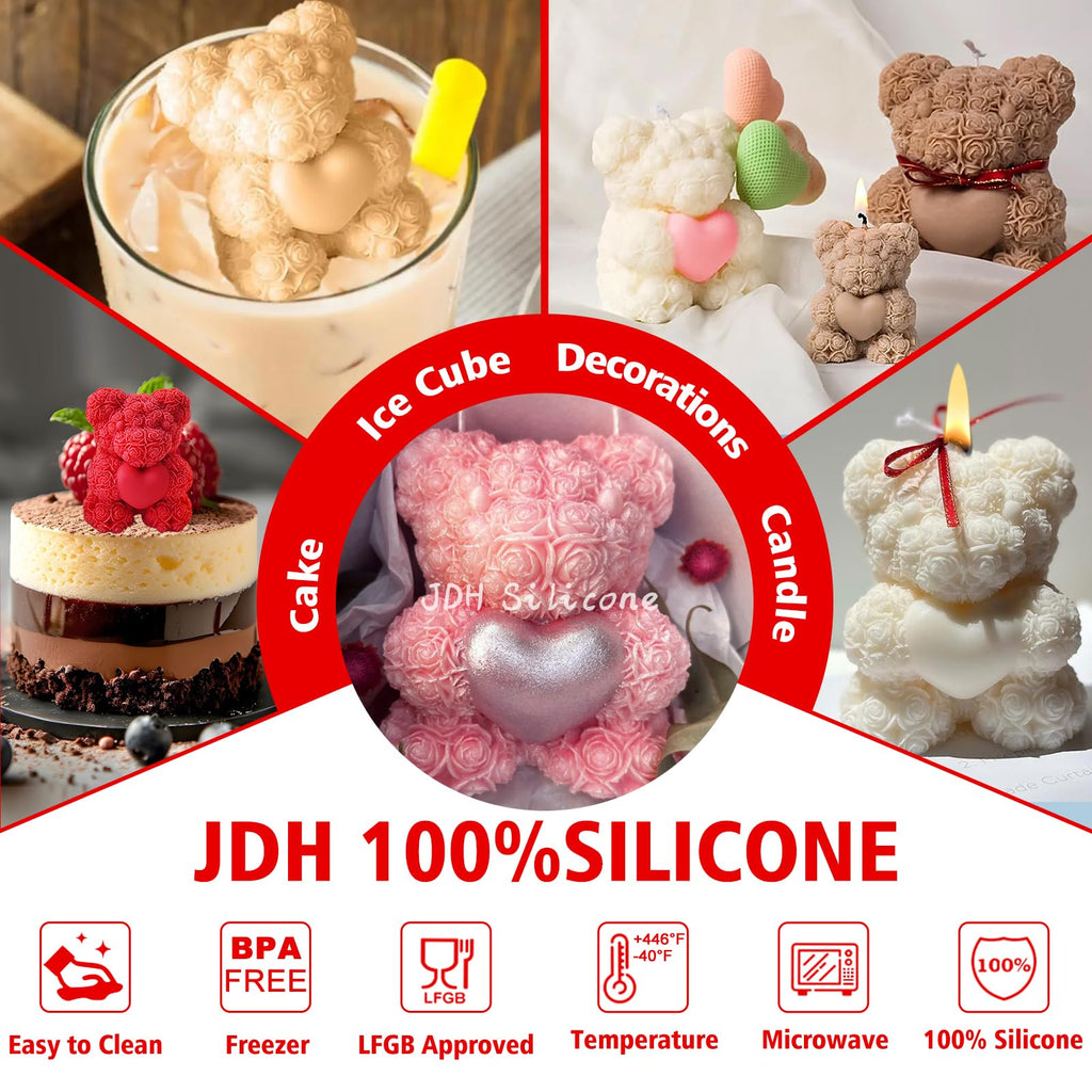 2PCS 3D Rose Bear Wax Candle Mold,Teddy Bear Candle Making Molds,Cute Epoxy Resin Molds,Ornament for DIY Wax Candles Art Craft Cake Chocolate Soap Mold Home Decor Valentine Gifts Birthday Gift
