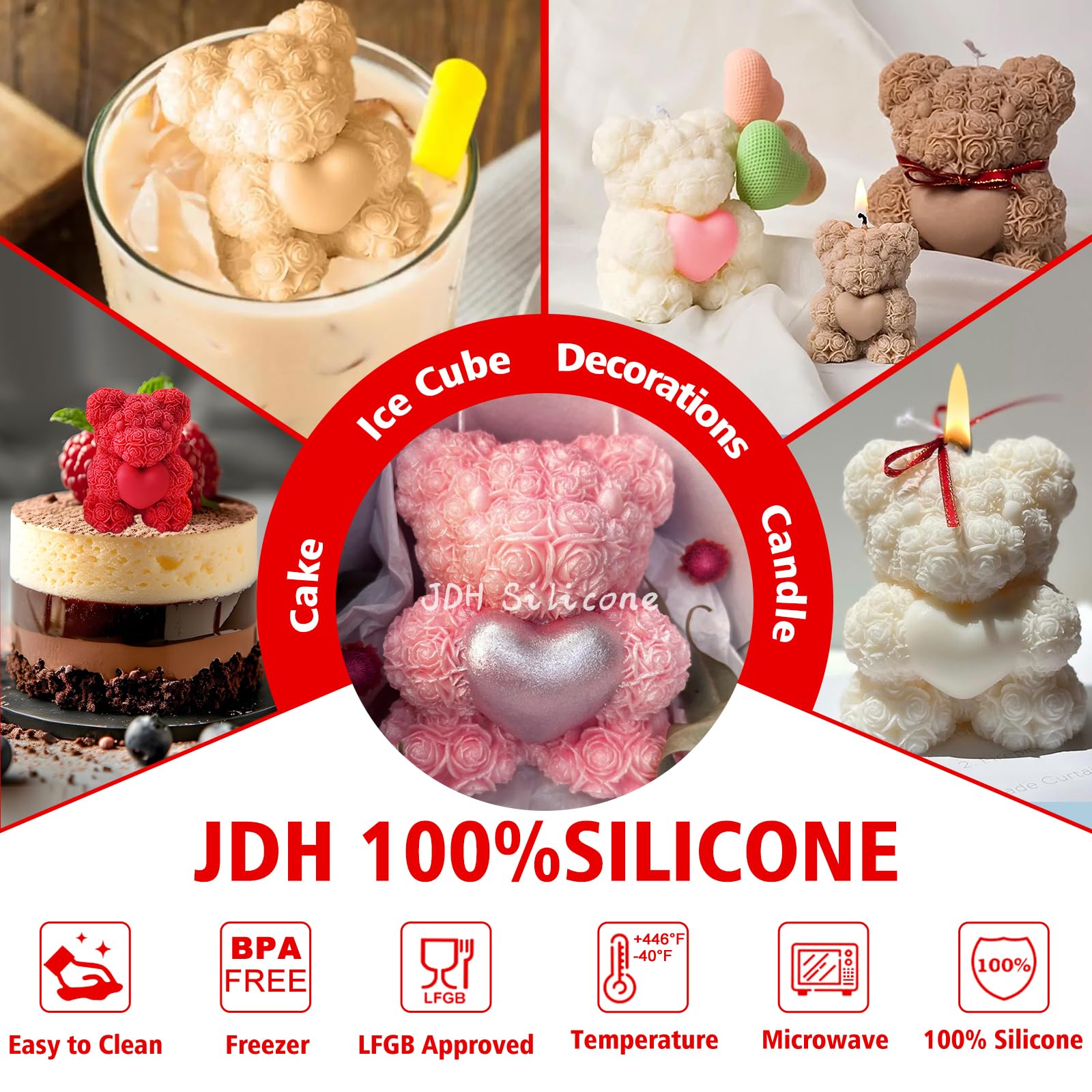 2PCS 3D Rose Bear Wax Candle Mold,Teddy Bear Candle Making Molds,Cute Epoxy Resin Molds,Ornament for DIY Wax Candles Art Craft Cake Chocolate Soap Mold Home Decor Valentine Gifts Birthday Gift