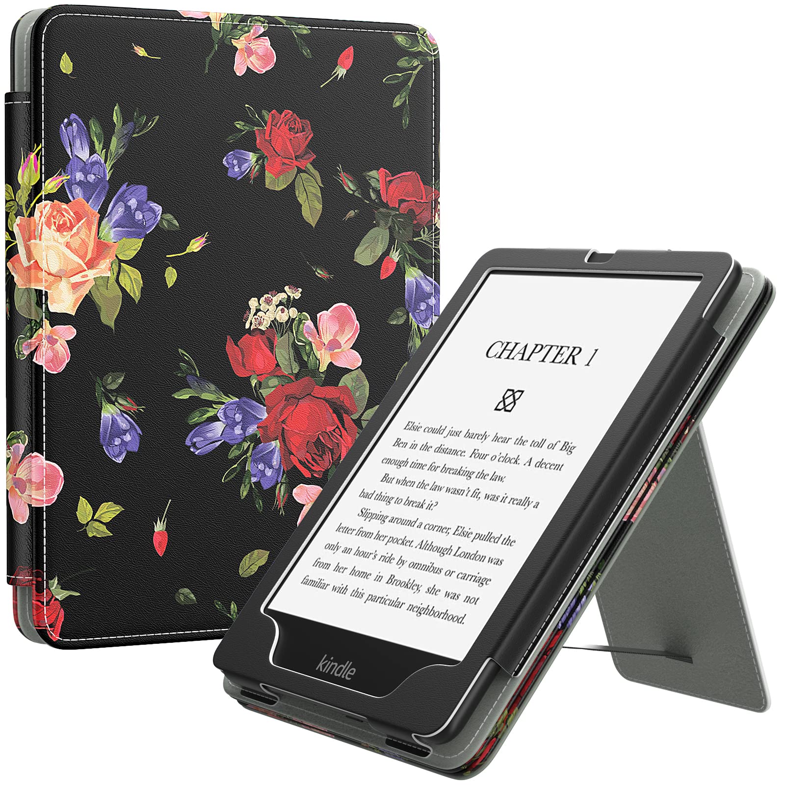 MoKo Case for 7"/6.8" Kindle Paperwhite(12th/11th Generation-2024/2021) and Kindle Colorsoft Signature Edition, Slim PU Shell Cover Case with Auto-Wake/Sleep for Kindle Paperwhite 2024, Flowers