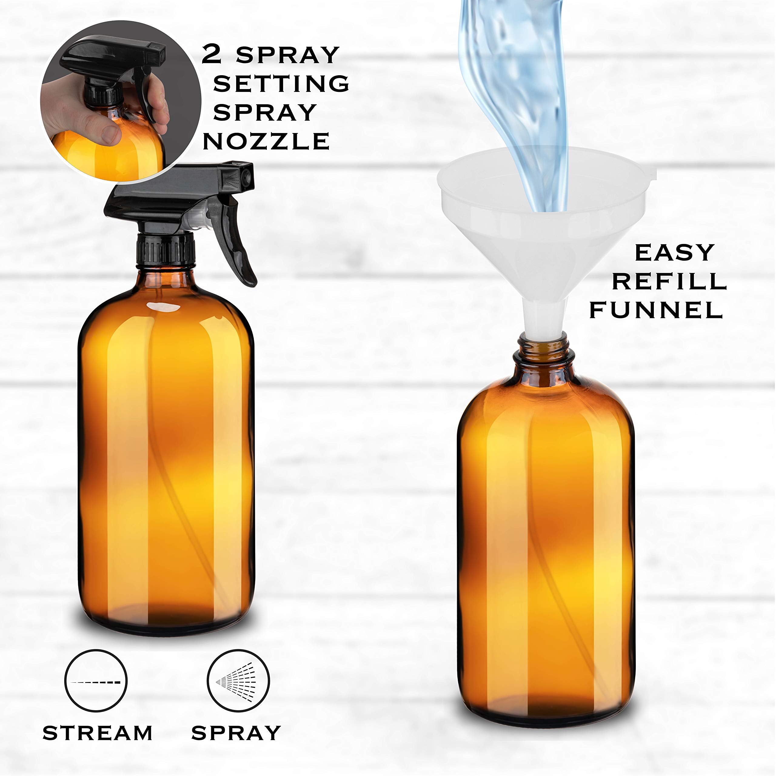 Large 32oz Amber Glass Spray Bottles with Funnel - Refillable Trigger Sprayer Containers for Oils, Cleaning Products, Plant Misting, Cooking, Hair, and Beauty. Includes 4 Bottles and 1 Funnel.