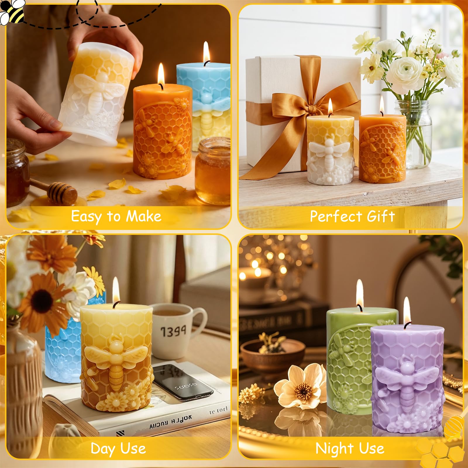 MEMOVAN Bee Candle Molds 2PCS Bee Cylinder Silicone Soap Mold Honeycomb Flower Mold Beeswax Candle Mould for Resin Epoxy Soap Casting Clay Wax Plaster Ornament Mould DIY Craft Home Decor