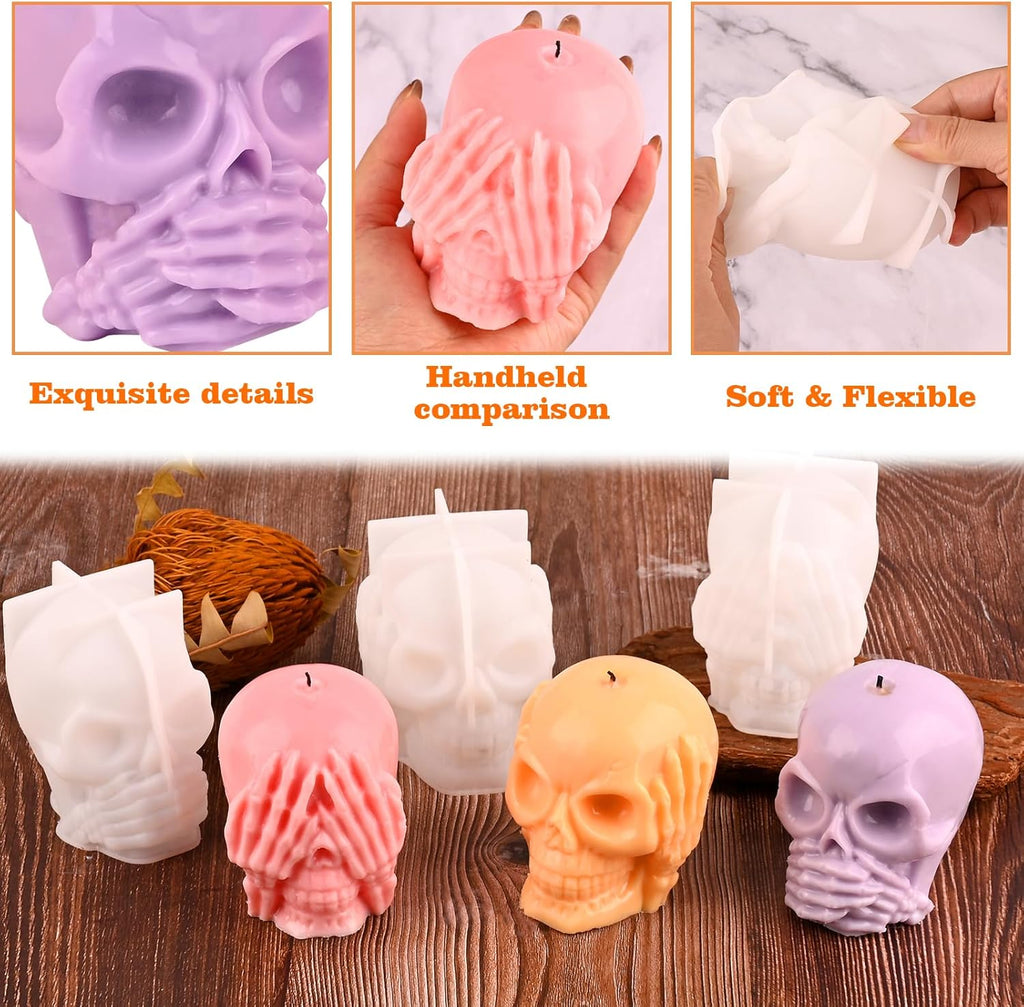 HUAKENER 3 Pack Skull Candle Molds, 3D Skull Resin Molds, Hear-no, Speak-no, See-no Skull Silicone Molds for Candle, Epoxy Resin, Soap, Halloween Cake Decor