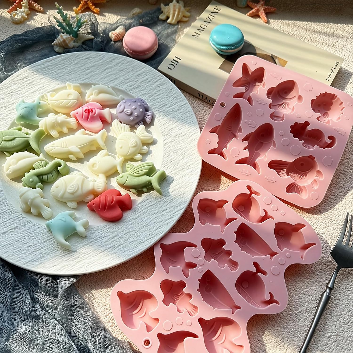 Ocean Sea Animal Silicone Molds, 2 Pack Marine Life Chocolate Mold Fish Candy Molds, Food Grade Non-Stick Baking Mould for Kids, Under The Sea Party Favors, Cake Topper, Resin, Soap Candle Making