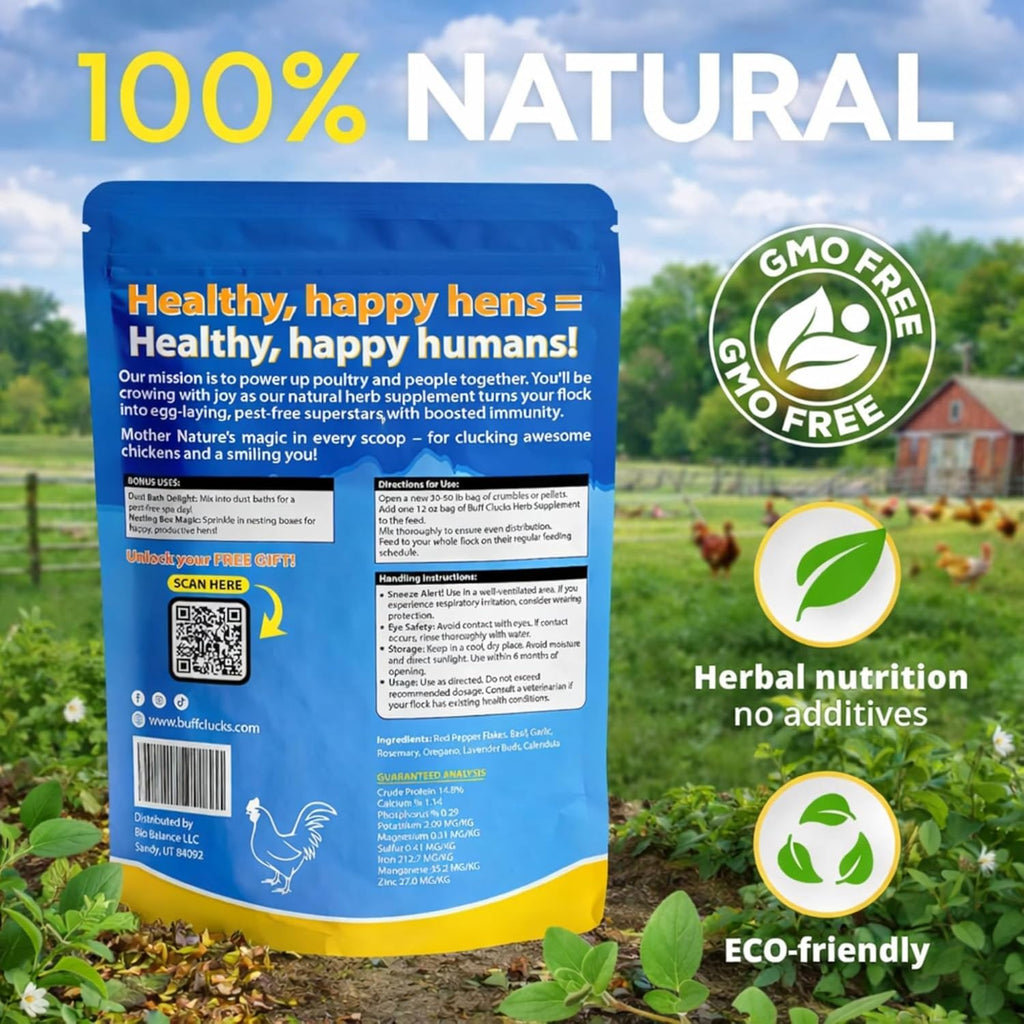Buff Clucks Herb Supplement for Ducks - Natural Waterfowl Treat, Botanical Duck Feed Additive, Plant-Based Flock Support for Egg Production, Feather Health & Daily Wellness, Handcrafted in USA (12 oz)
