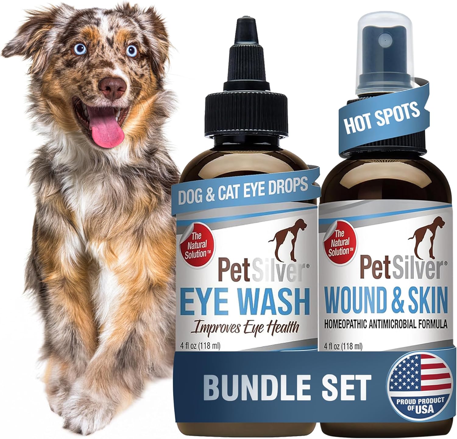 PetSilver - Wound & Skin Spray (4 fl oz) and Eye Wash (4 fl oz) with Patented Chelated Silver - Wound, Hot Spot, & Itch Relief Spray - Eye Cleaner & Tear Stain Remover for Cats and Dogs - Made in USA