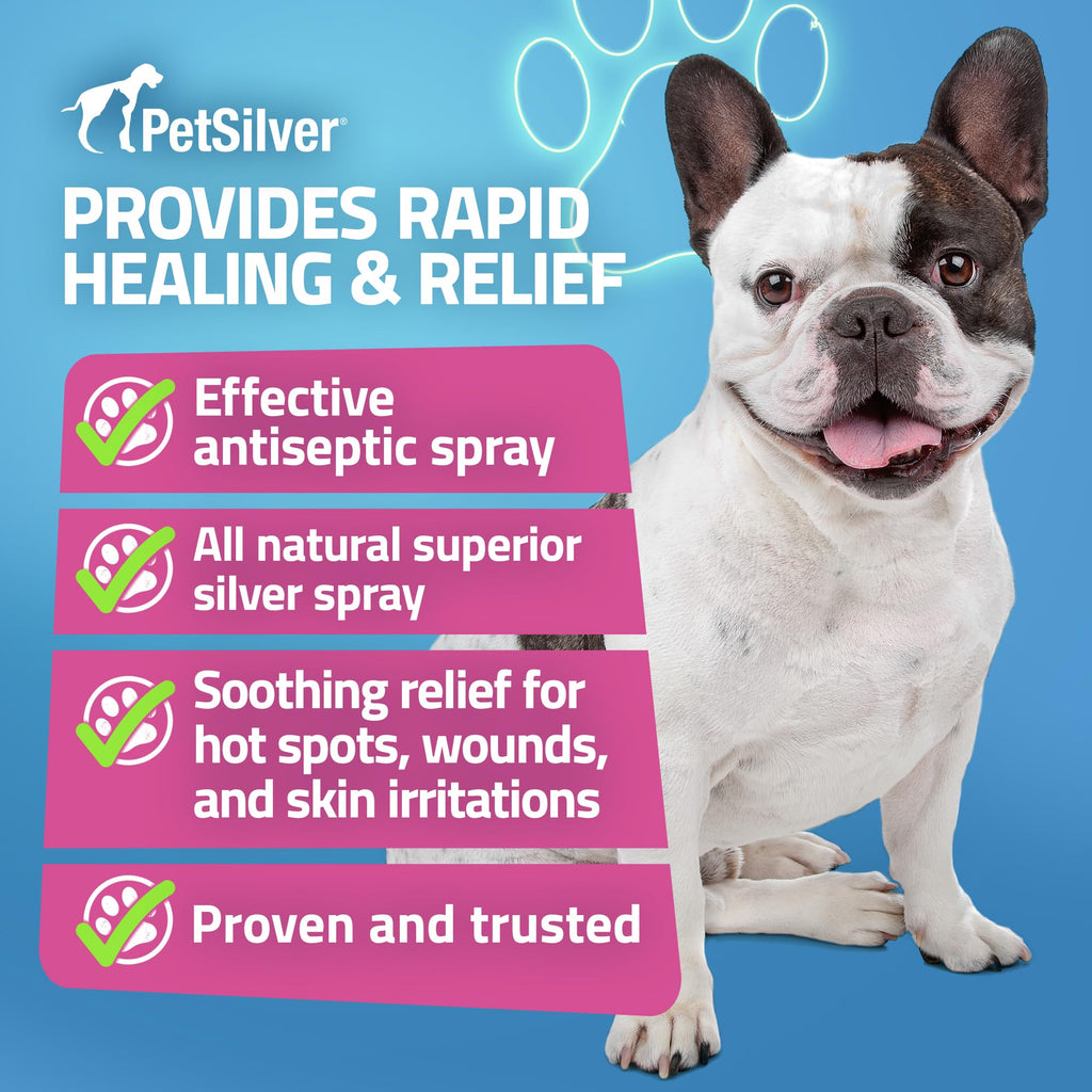 PetSilver Antibacterial Wound & Skin Spray | Dog Hot Spot Treatment & Cat Wound Spray | Chelated Silver Skin Soother for Rashes & Sores | Dog Wound Care & Itch Spray - 4 fl oz