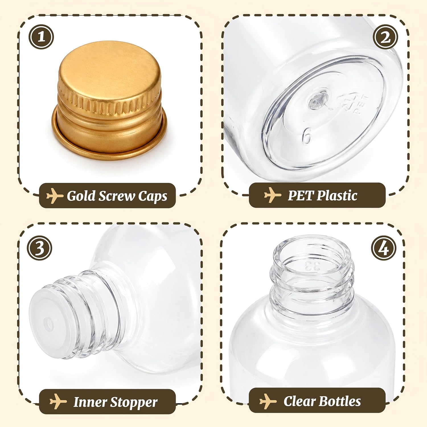 60 Pack 3.4 oz Plastic Travel Bottles, 100ml Leakproof Clear Empty Travel Size Bottle Bulk with Gold Screw Caps, Refillable Shampoo Squeeze Containers for Essential Oil, Toiletries, Cosmetics