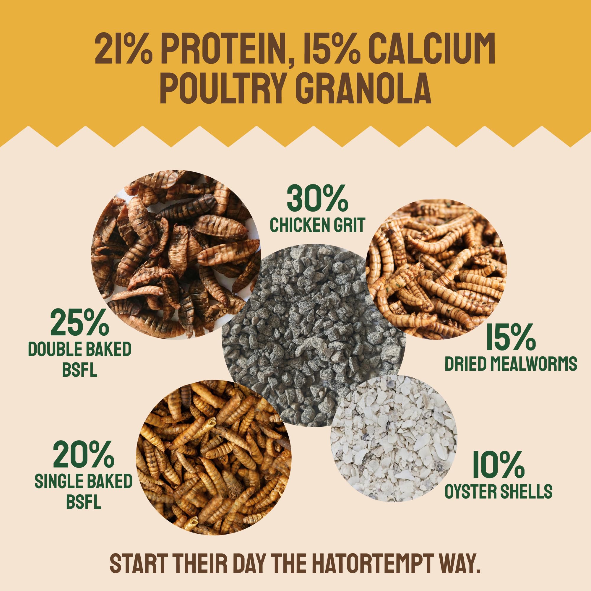 Hatortempt Grubs & Grits Chicken Feed Supplement - 5lb - with Chicken Grit, Mealworms, Black Fly Larvae and Oyster Shells - 21% Protein and 15% Calcium