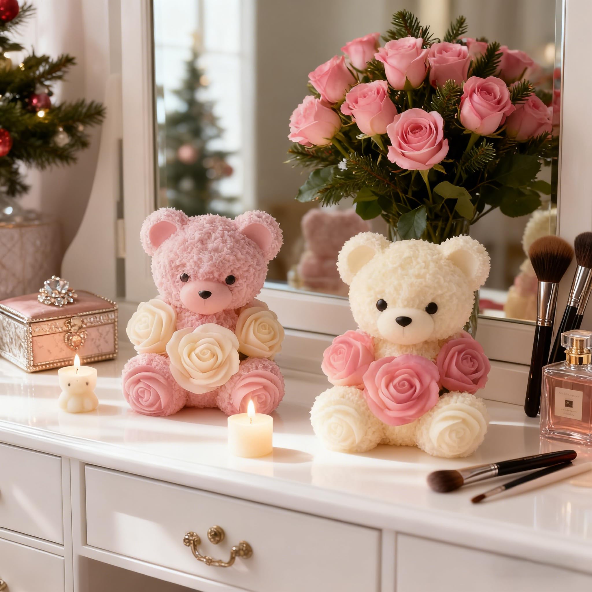2PCS 3D Rose Bear Wax Candle Mold,Teddy Bear Candle Making Molds,Cute Epoxy Resin Molds,Ornament for DIY Wax Candles Art Craft Cake Chocolate Soap Mold Home Decor Valentine Gifts Birthday Gift