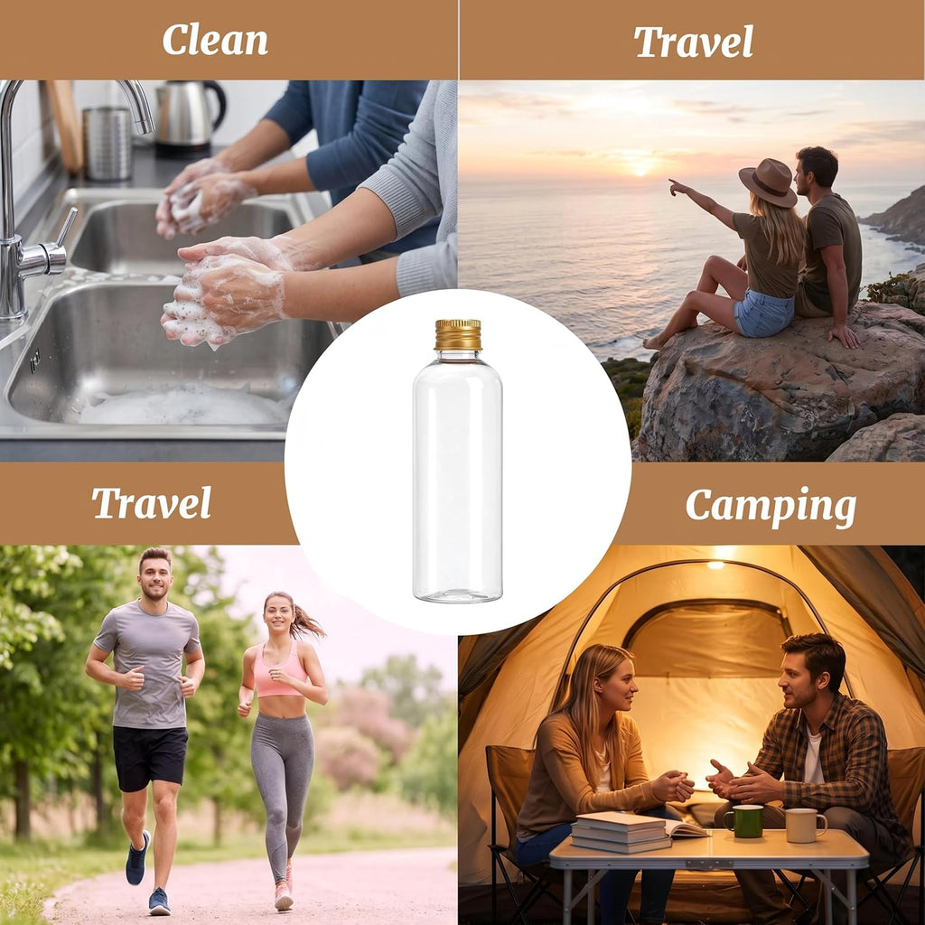 60 Pack 3.4 oz Plastic Travel Bottles, 100ml Leakproof Clear Empty Travel Size Bottle Bulk with Gold Screw Caps, Refillable Shampoo Squeeze Containers for Essential Oil, Toiletries, Cosmetics