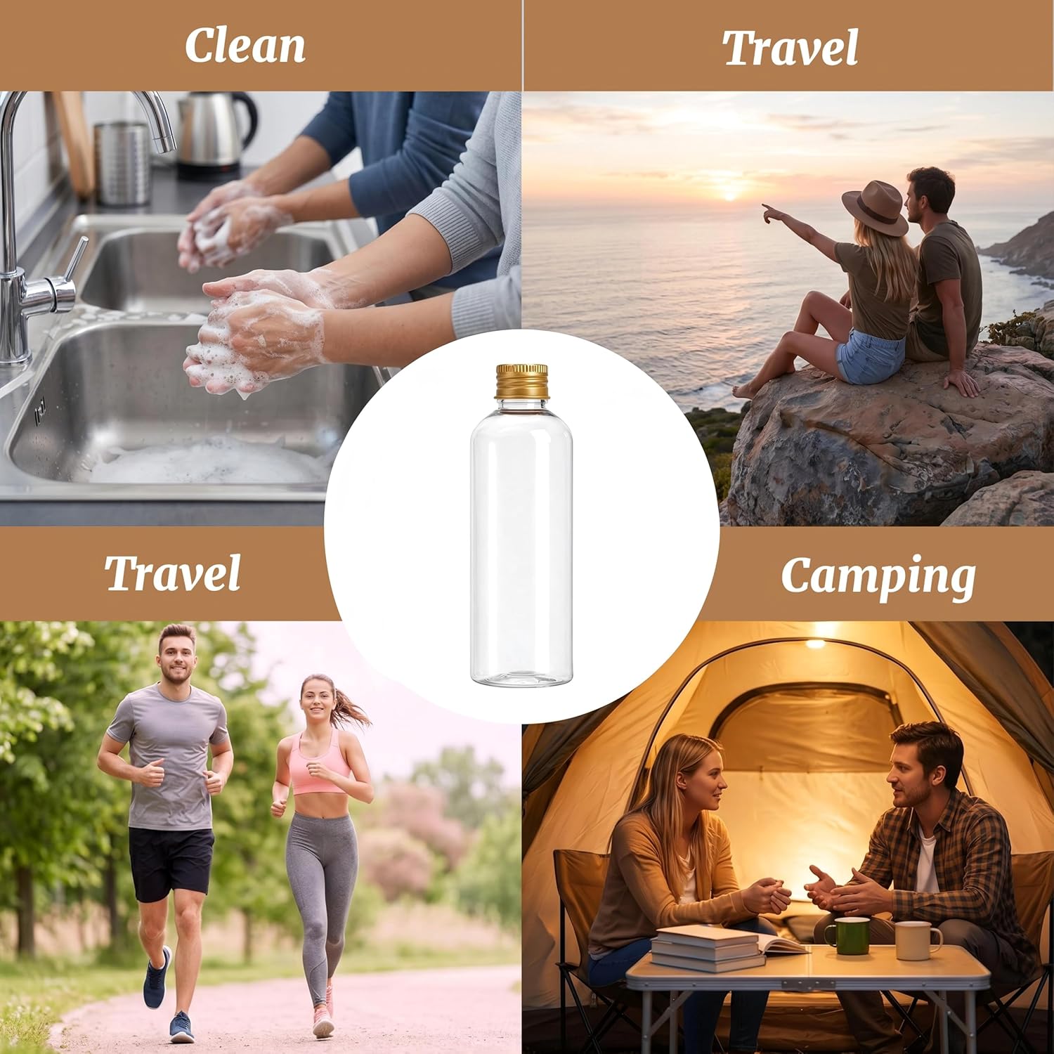 60 Pack 3.4 oz Plastic Travel Bottles, 100ml Leakproof Clear Empty Travel Size Bottle Bulk with Gold Screw Caps, Refillable Shampoo Squeeze Containers for Essential Oil, Toiletries, Cosmetics