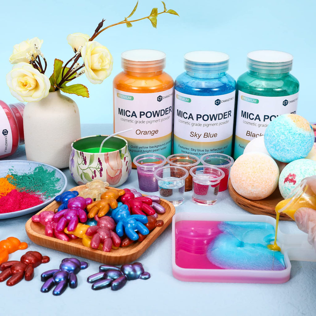 CHANGTIKEJI Mica Powder，24 Colors - 10g/Bottle of Natural Pigment Powder for Epoxy Resin，Soap Making，Candle Making,Lip Gloss,Car Freshies,Dye,Nail Polish,Bath Bombs