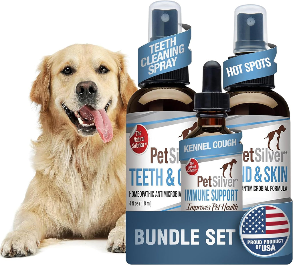 PetSilver - Wound & Skin Spray (4 fl oz), Teeth & Gum Spray (4 fl oz), and Immune Support (2 fl oz) with Patented Chelated Silver - Wound Care, Oral Care, Sinus & Cough Relief for Cats and Dogs