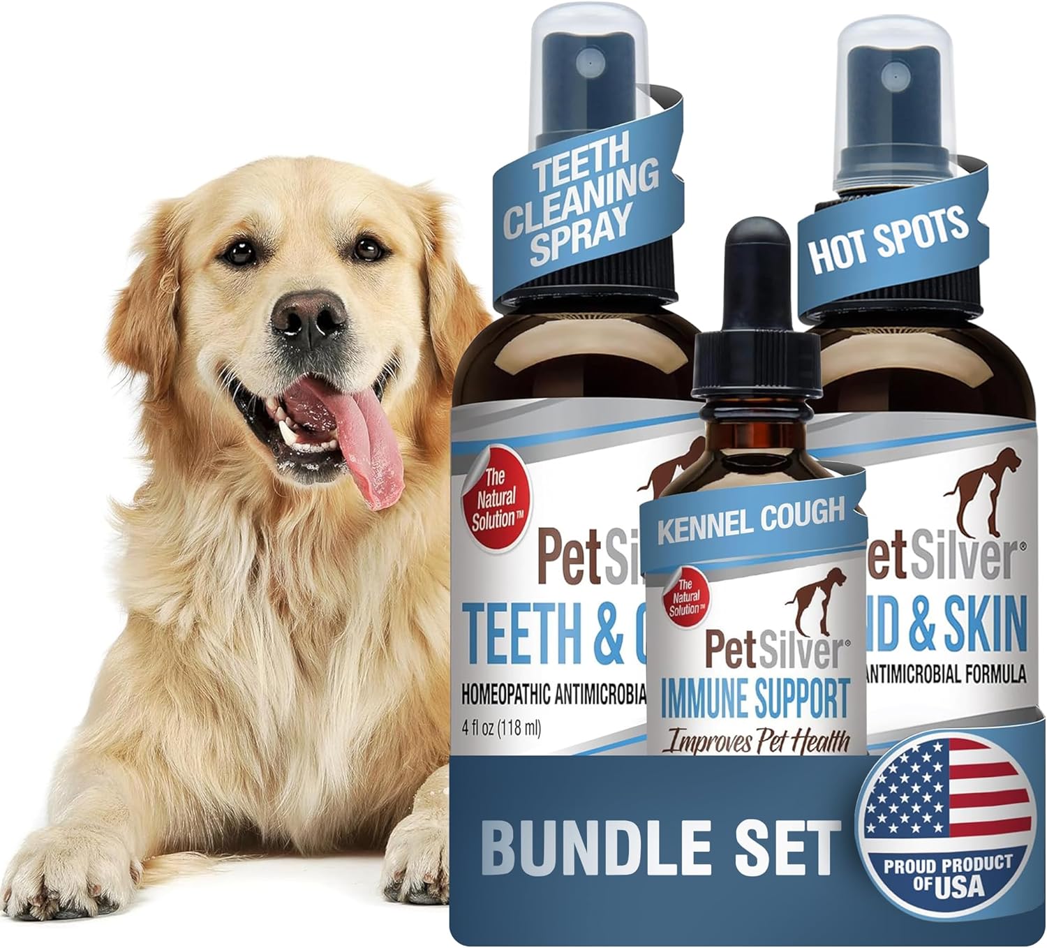 PetSilver - Wound & Skin Spray (4 fl oz), Teeth & Gum Spray (4 fl oz), and Immune Support (2 fl oz) with Patented Chelated Silver - Wound Care, Oral Care, Sinus & Cough Relief for Cats and Dogs