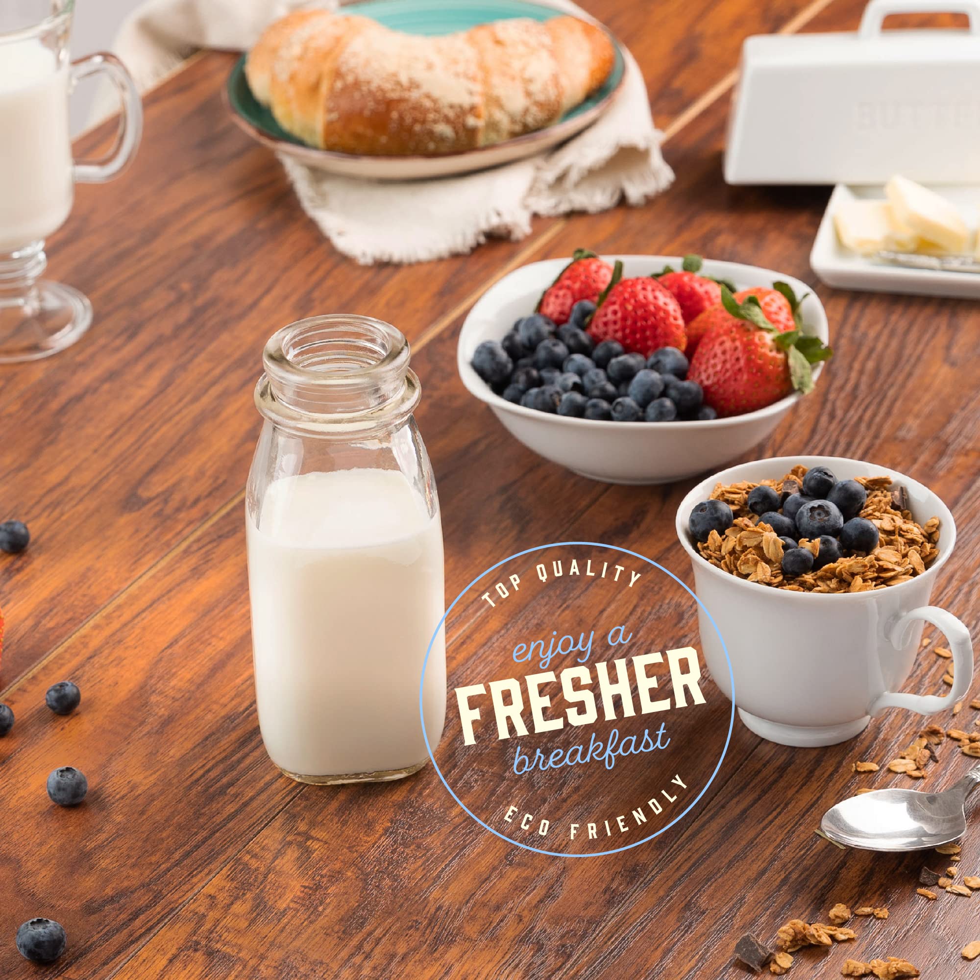 kitchentoolz Glass Creamer Bottle 12 Oz Square Glass Milk Bottle with Lids- Glass Bottles with Lids - Milk Container for Refrigerator - 12 Ounce Milk Bottle with Lid and Pour Spout