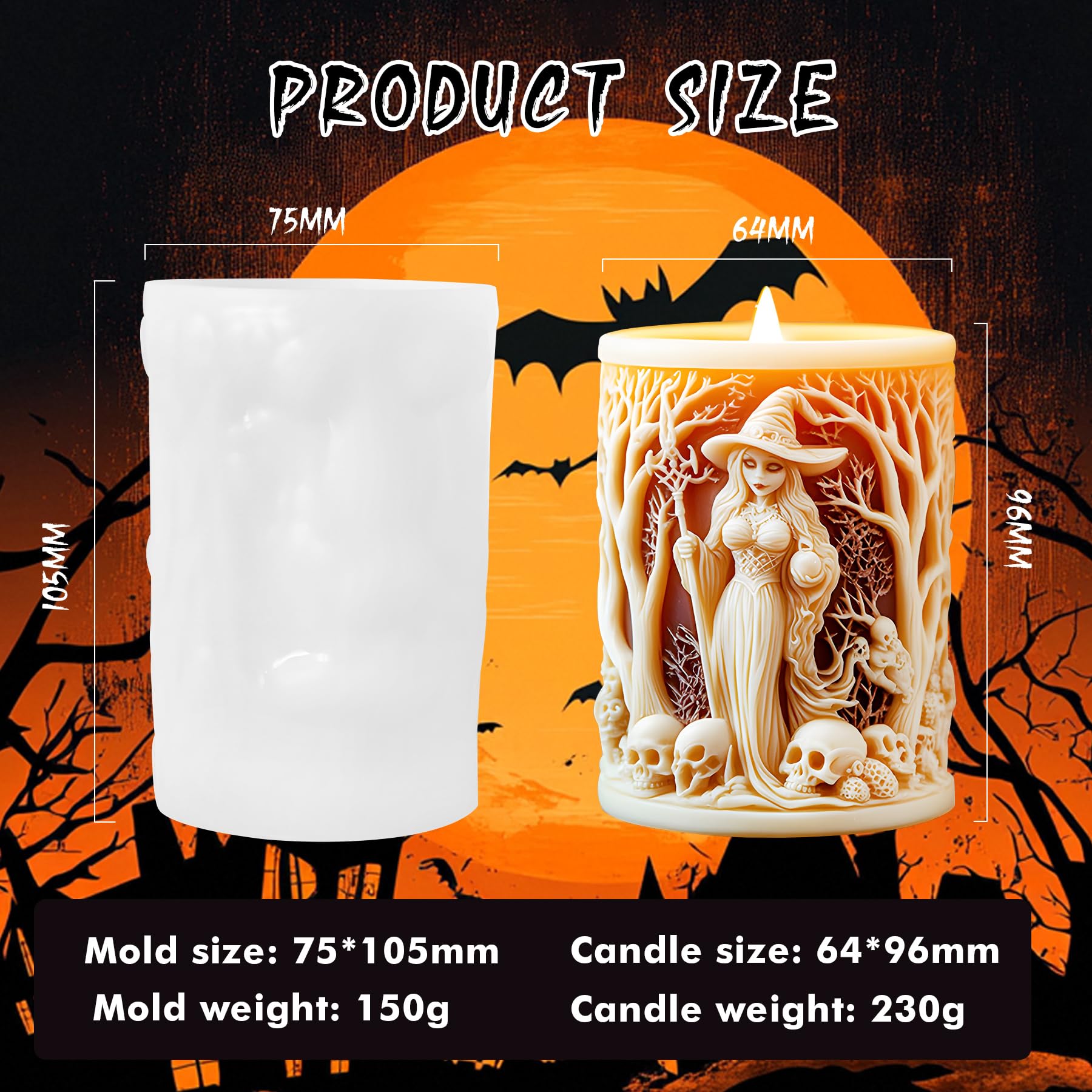 Halloween Candle Mold for Candle Making, 3DSilicone Mold for Resin Casting DIY Plaster Polymer Clay Home Decoration (Witch)