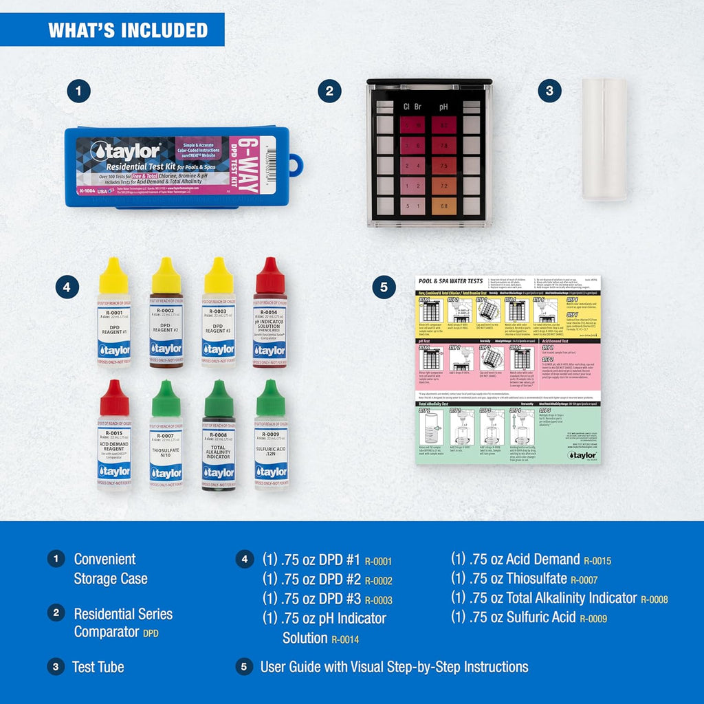 Taylor K-1004 DPD, 6-in-1 Pool Test Kit for for Free & Total Chlorine, Bromine, pH, Acid Demand, Total Alkalinity, 100+ Tests, Quick & Easy for Pools & Spas | Made in The USA